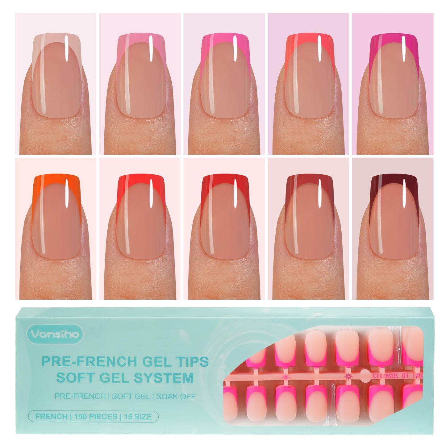 300Pcs French Gel Nail Tips, Vansiho Short Square Nail Tips, Pink Pre-French Tips Press on Nails, Acrylic Fake Nails for Nail Art DIY 15 Sizes