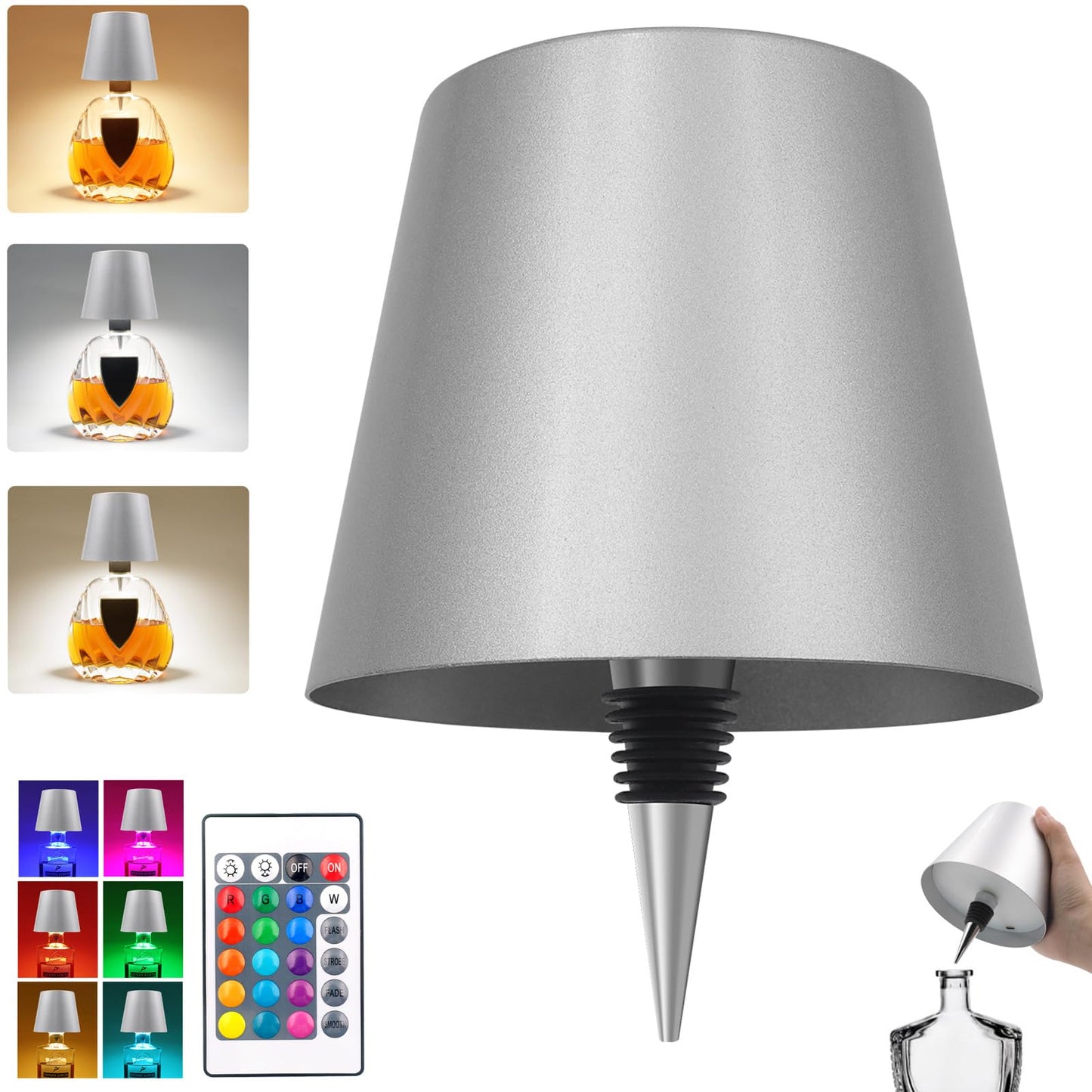 TGXCF Wireless Bottle Lamp with Remote Control, Rechargeable RGB Wine Bottle with 3Modes Light Dimming, Waterproof Bottle Touch Lamp Head for Room, Bar, Restaurant and Party Decorations(Silver RGB)
