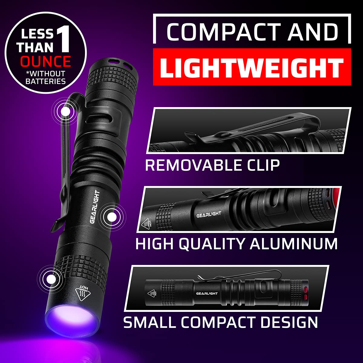 GearLight UV Flashlight S50-365 nm Mini Blacklight Ultraviolet Pen Flashlights for ID Check, Leak AC Detection, Resin Curing - Pet Urine, Scorpion, Stain Handheld Detector - (Pocket Light) - 2 Pack