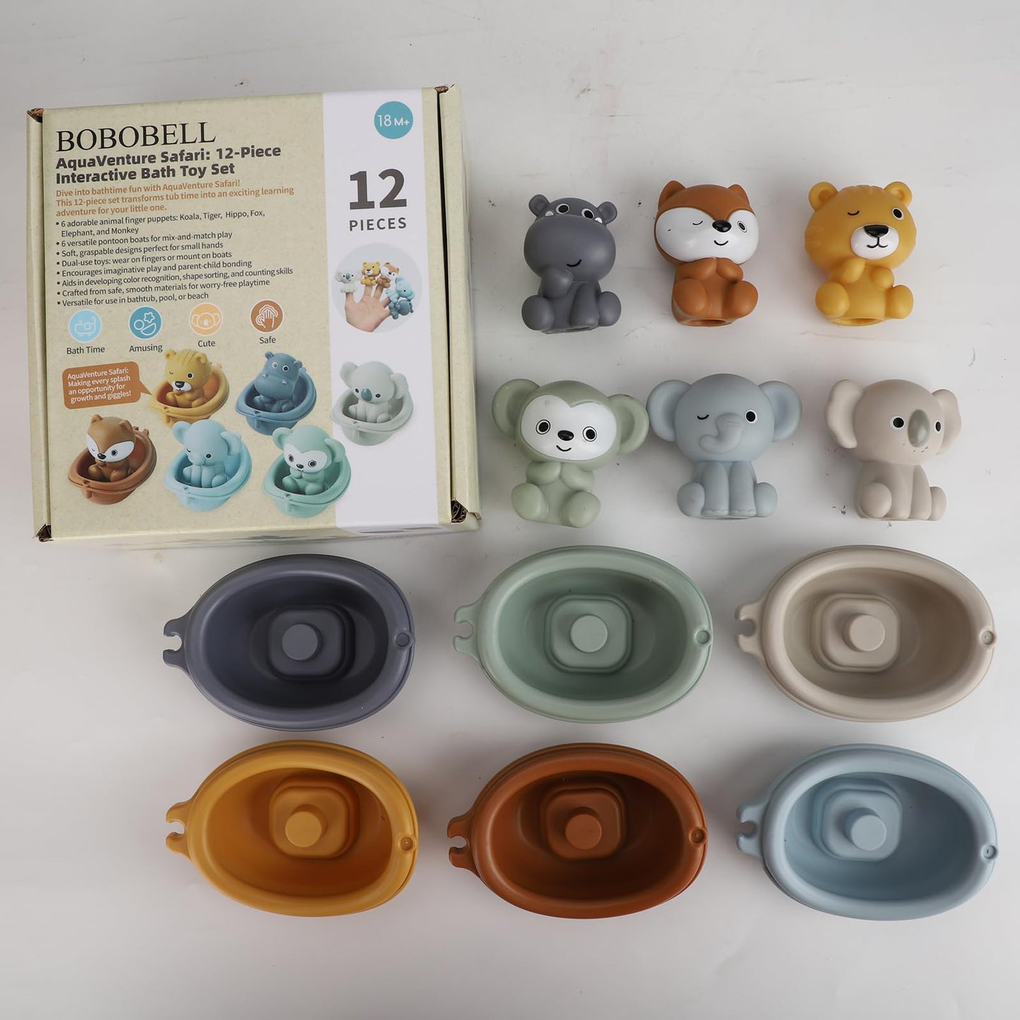 BOBOBELL Bath Toys Float Boats for Kids Ages 18M+,Stackable Floaty Boat,Animal Finger Puppets,Toddler Toys Gifts for 2-4 Year Old Baby Gifts Valentines Easter Basket