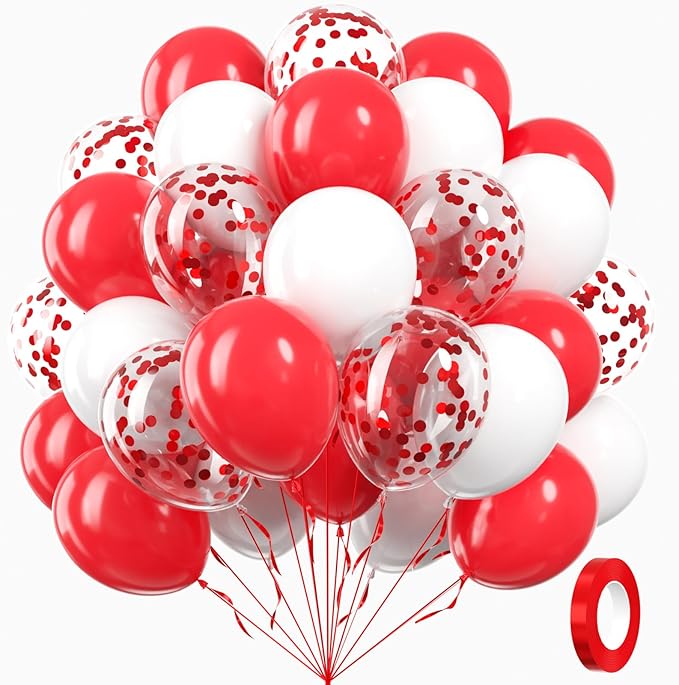 60pcs Red and White Balloons 12inch with White Red Confetti Balloons for Wedding Engagement Christmas Valentine's Day Birthday Party Decorations
