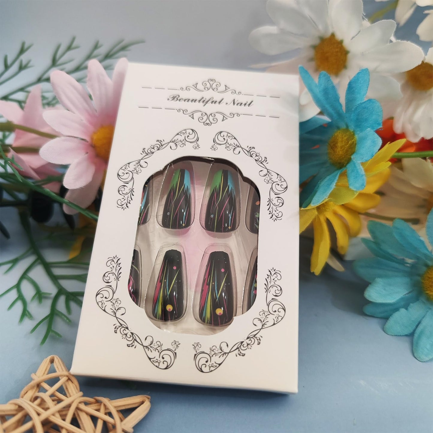 Neon Press on Nails Esports Acrylic Full Cover Fake Nails 24Pcs Glossy Colorful Medium Coffin False Nail Curve Line Gel Glue on Fingernails Graffiti Stick on Nail for Holiday Manicure Art