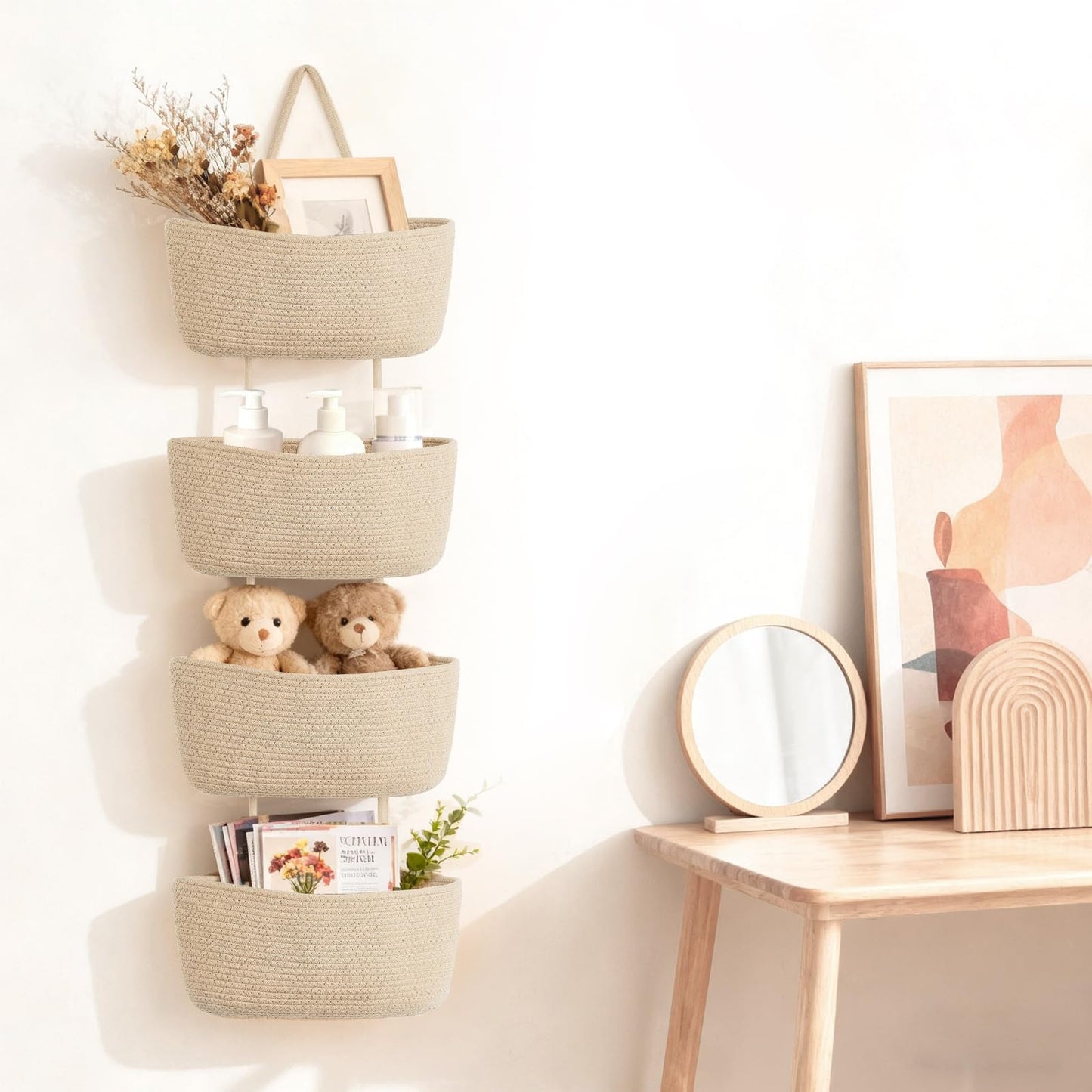 Dahey Over The Door Hanging Basket 4-Tier Woven Boho Wall Mounted Storage Organizer with Hooks for Bedroom Nursery Bathroom Apartments Dorm Pantry Decor, Jute