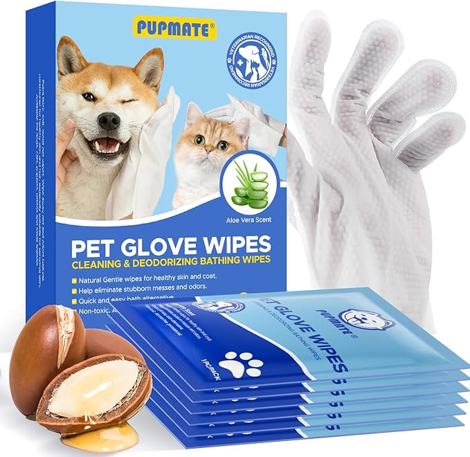 PUPMATE Pet Cleaning Glove Wipes for Dogs & Cats, Hypoallergenic Deodorizing Disposable No-Rinse Grooming Wipes, Wipes, Perfect for Pet Dry Cleaning, Daily Care and Travel, Coconut Scent, 48 pcs