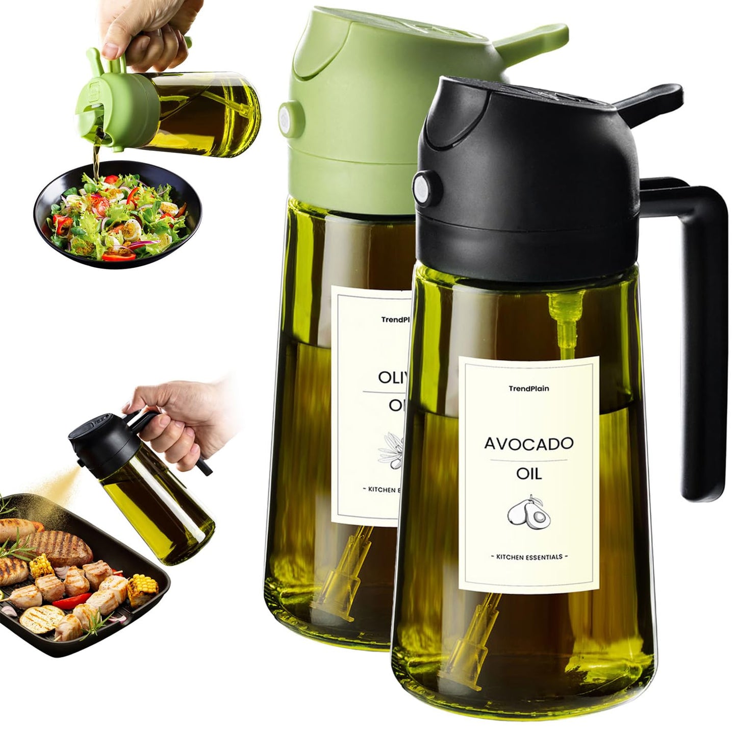 TrendPlain - Original 16oz/470ml Olive Oil Dispenser Bottle for Kitchen Gadgets and Air Fryer Accessories - Olive Oil Sprayer for Cooking w/Stickers - Black&Green