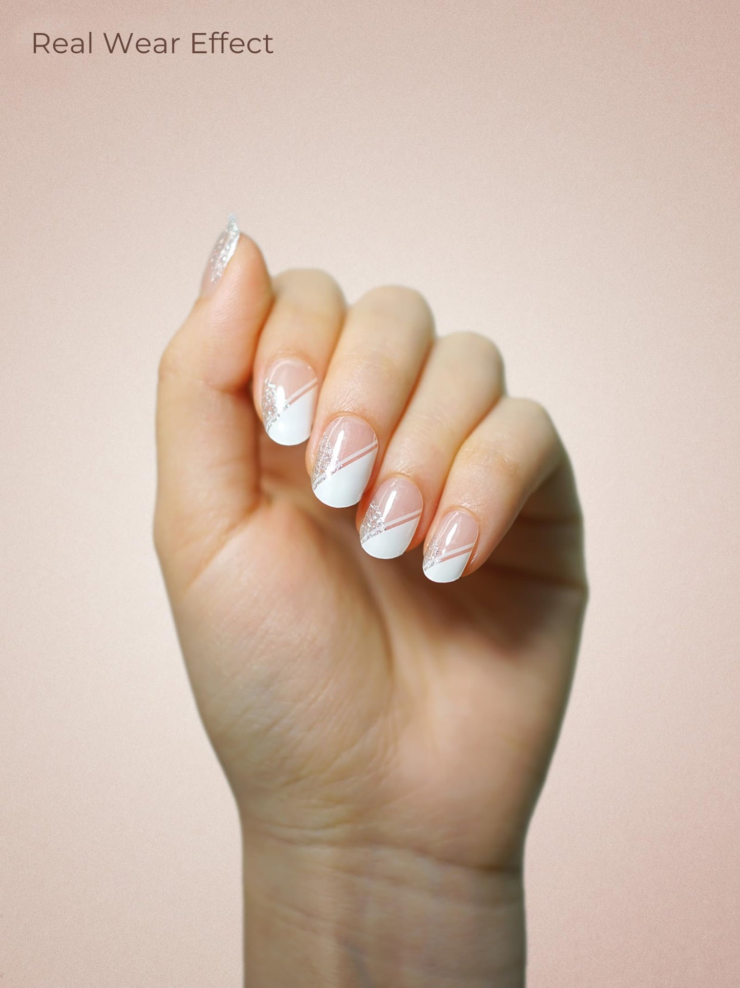 Beaolata Real Gel Nail Strips (No UV Light Needed) - 44Pcs Salon Quality Nail Stickers - Long Lasting Polish Wraps for Women, Easy Apply & Remove (Parisian Sparkle White)