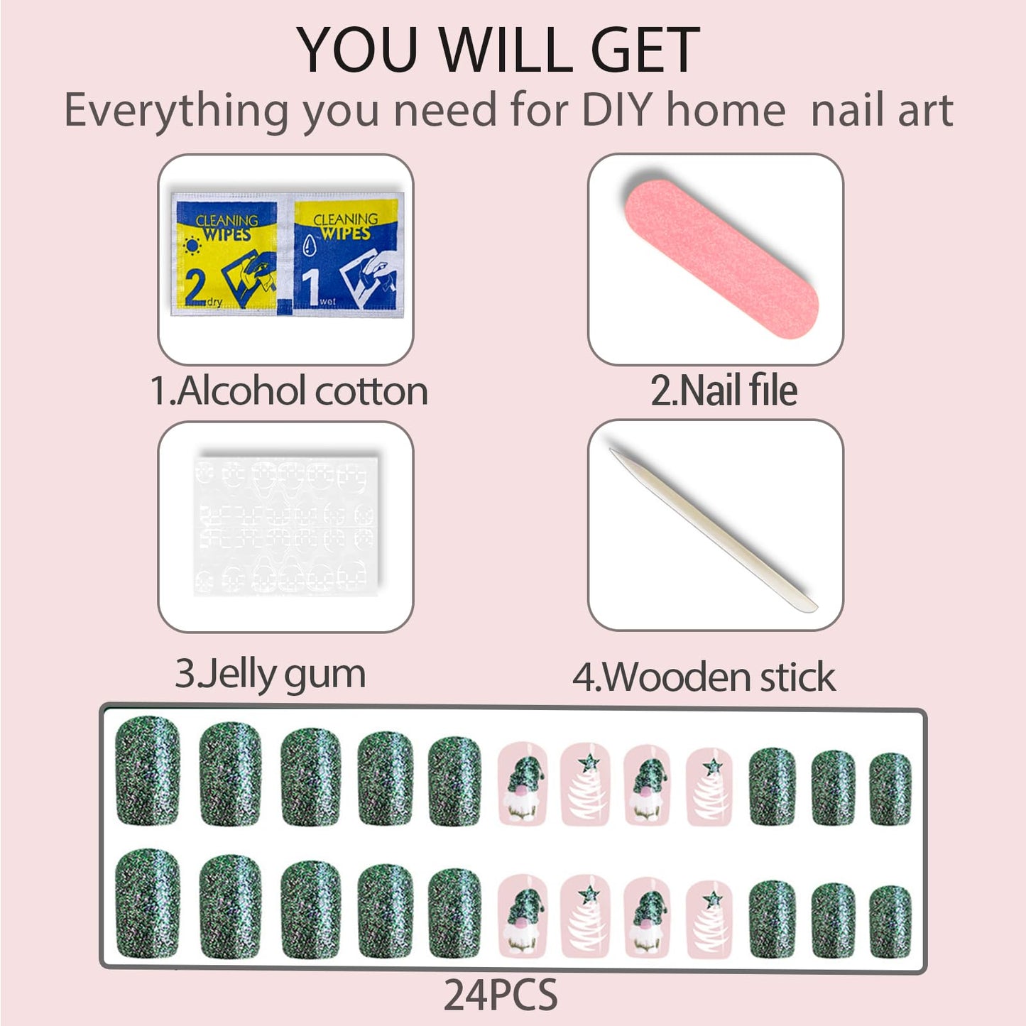 24Pcs Christmas Green Press on Nails Acrylic Full Cover Medium Square Fake with Santa Claus Dwarf Design Glossy False Nails Cute Glue on Stick on Nails for Women