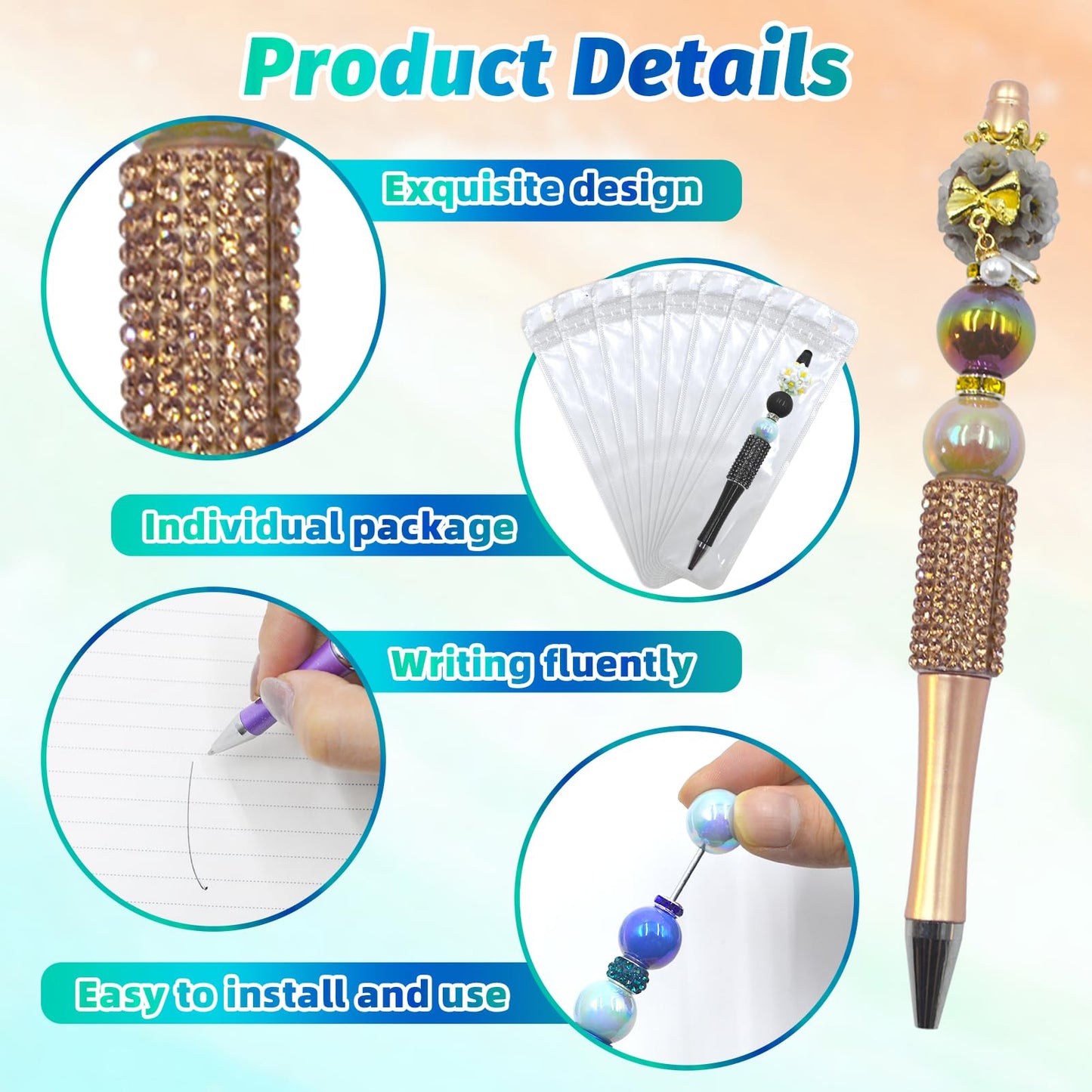 DASTTUIS 150 Pcs DIY Diamond Beadable Pen Kit - 50 Plastic Rhinestone Beaded Pens Bulk with Refills & Bags - Fancy Cute Glitter Pens for Crafting, Students & Teachers – School Supplies (Advanced)