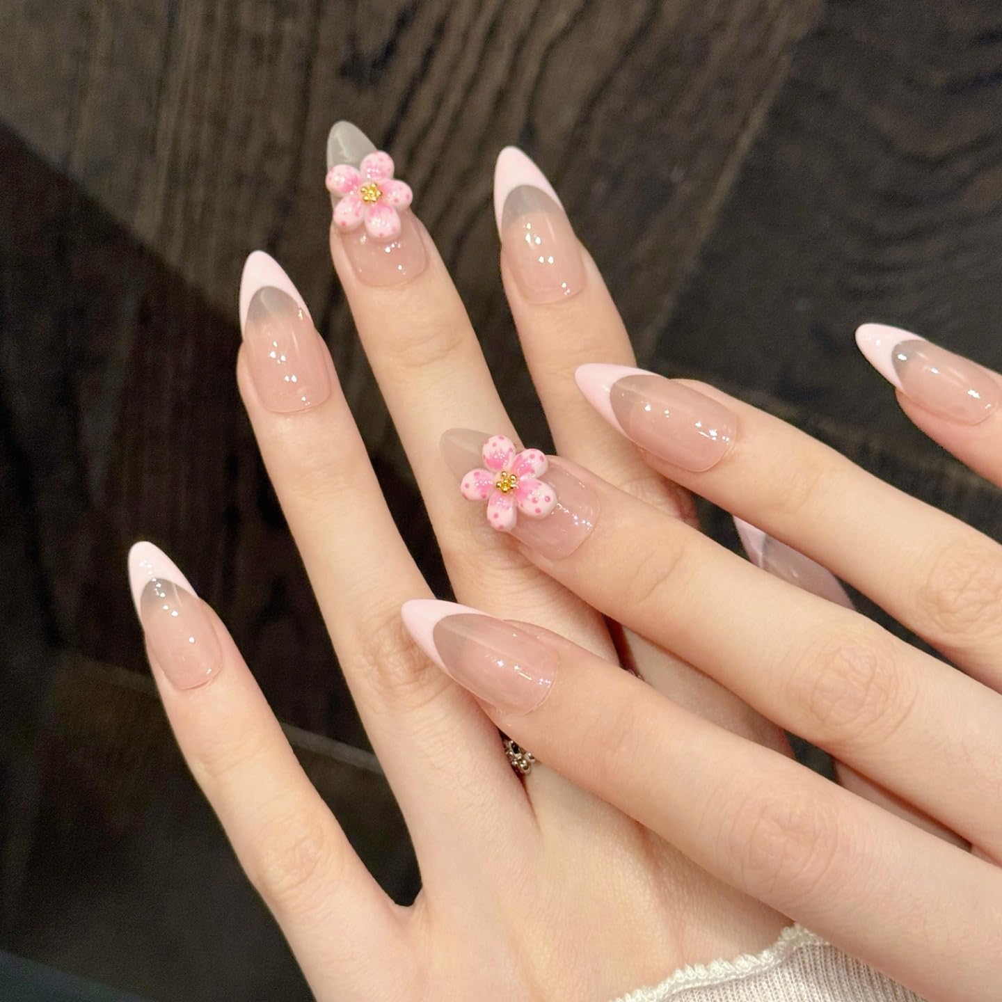 Handmade Press On Nails Medium Almond Pink And Delicate Carved Ppeach Blossoms Reusable Wedding Prom And Festival Gift Handmade Acrylic Press On Nails Aacrylic Nail (L)