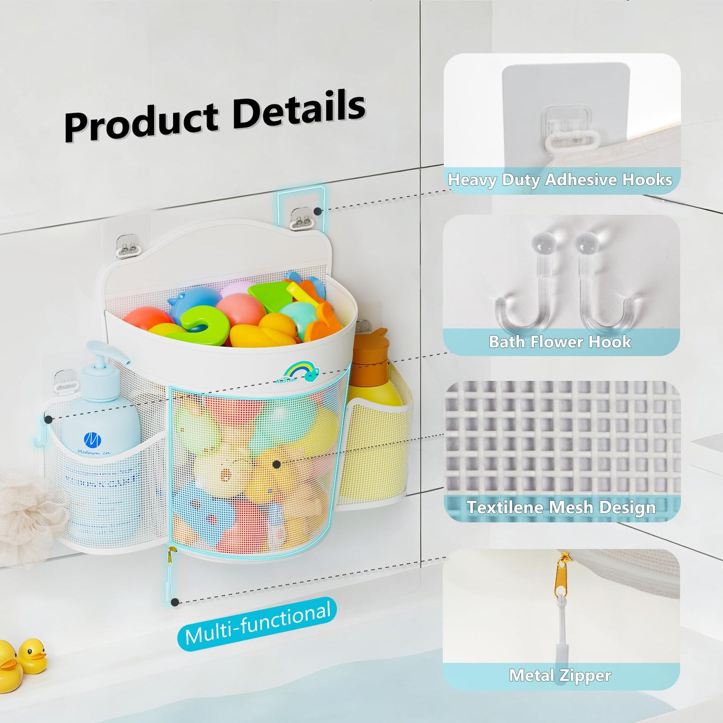 Austion Hanging Bath Toy Storage - Large Opening Quick Dry Mesh Bath Toy Holder with 2 Side Pockets and Bottom Zipper, Space-Saving Bath Toy Organizer for Kids Bathtubs - White