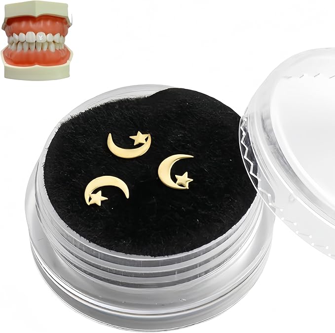 Tooth Gems Silver Alloy Ultra-Thin 3-Pack Reusable Trendy Spider Butterfly Rabbit Multi-Use Women Party Nail Art (Golden,Moon)