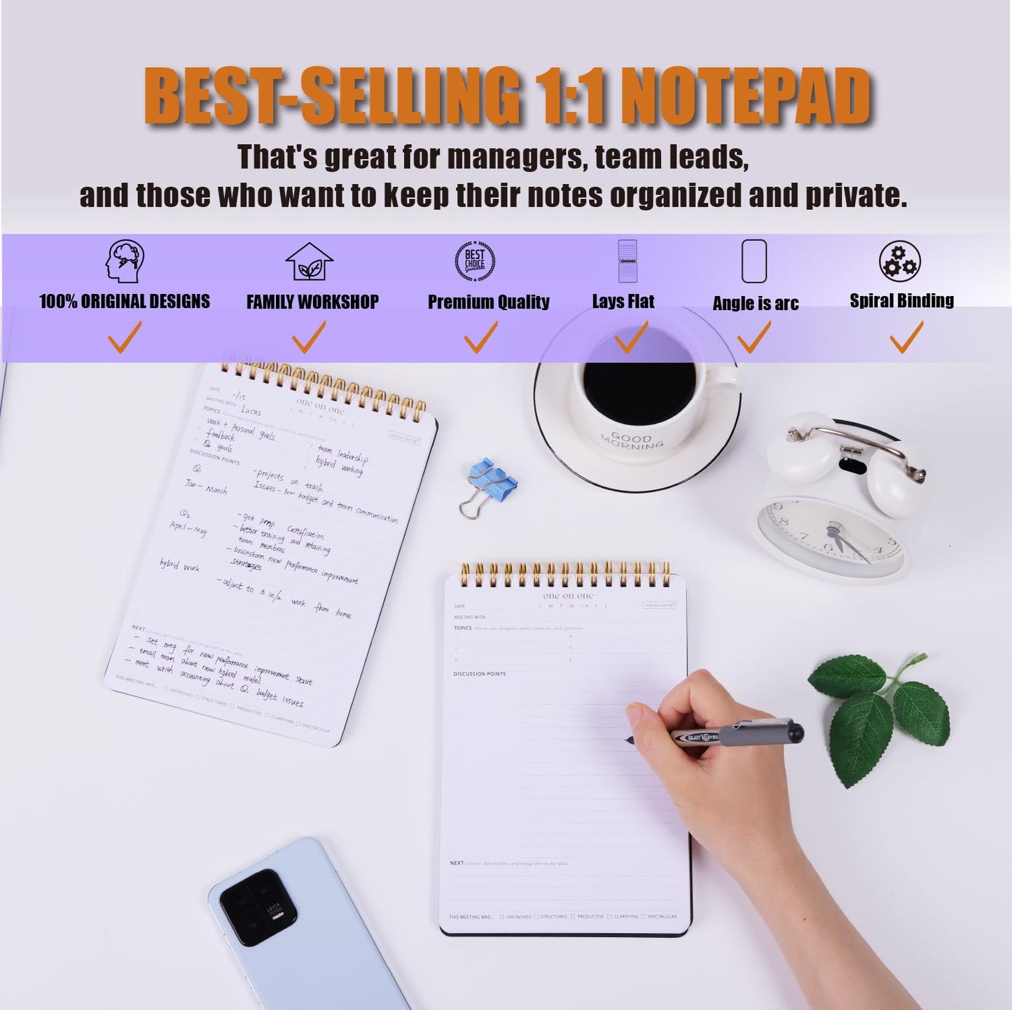 Business Meeting Notebook for Work With Action Items – Bestselling 1:1 Spiral Notepad is Great for Managers, Team Leads, Educators - Keep Notes Organized During Note-taking Process -Black-A5