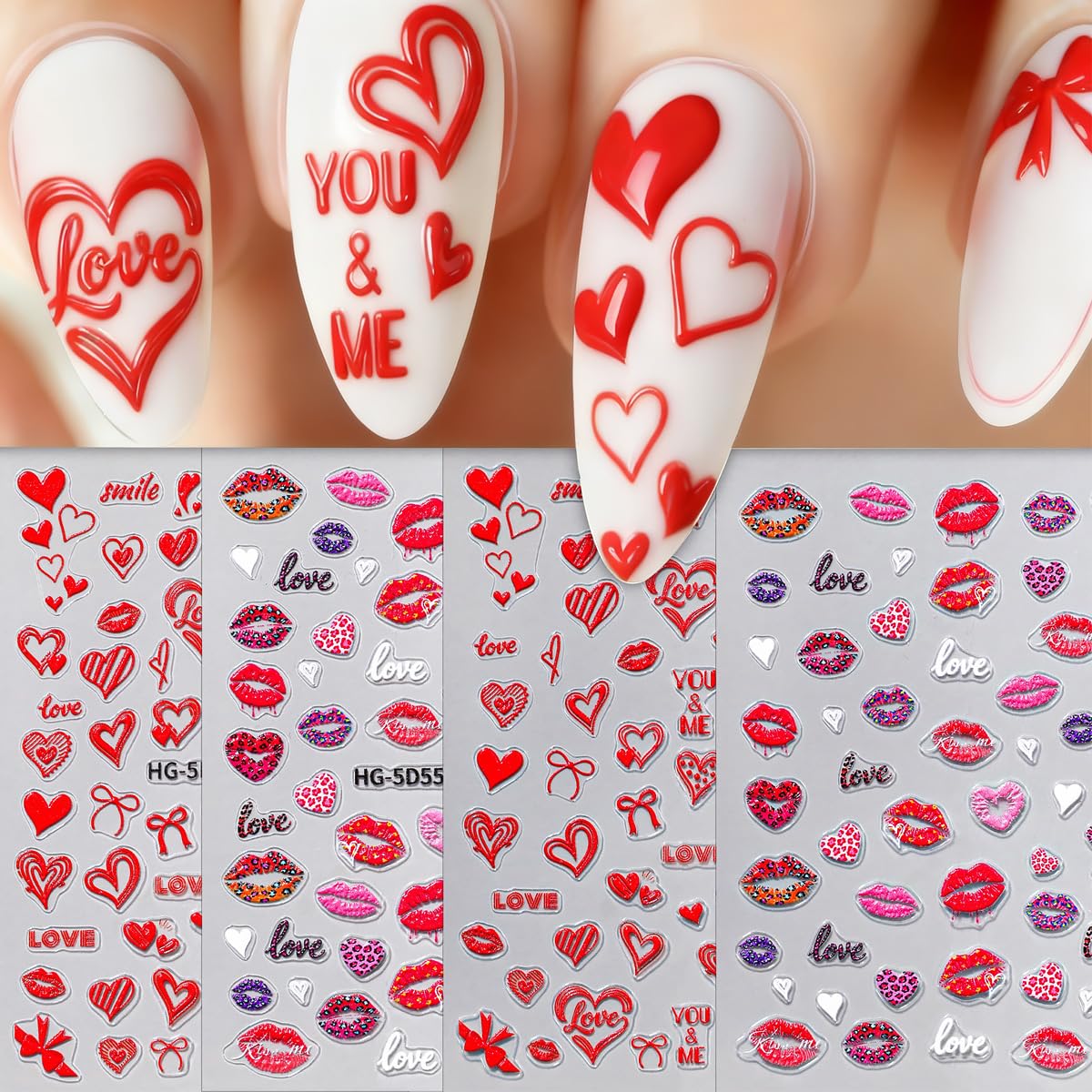 4 Sheets 5D Embossed Valentines Nail Art Stickers Red Heart Bow Nail Decals Self-Adhesive Romantic Love Red Lips Nail Design Stickers Cute Valentine's Nails Supply for Women DIY Manicure Decoration