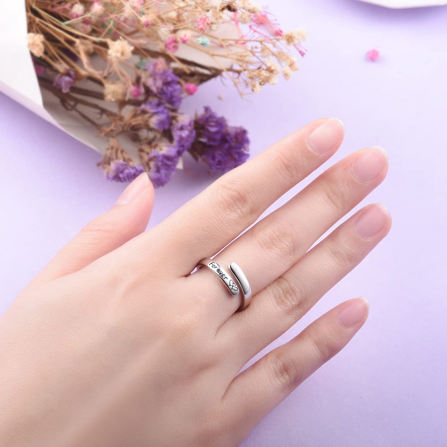 Silver Adjustable Ring Inspirational Jewelry S925 Sterling Wrap Open Ring for Women(Mother Daughter Forever)