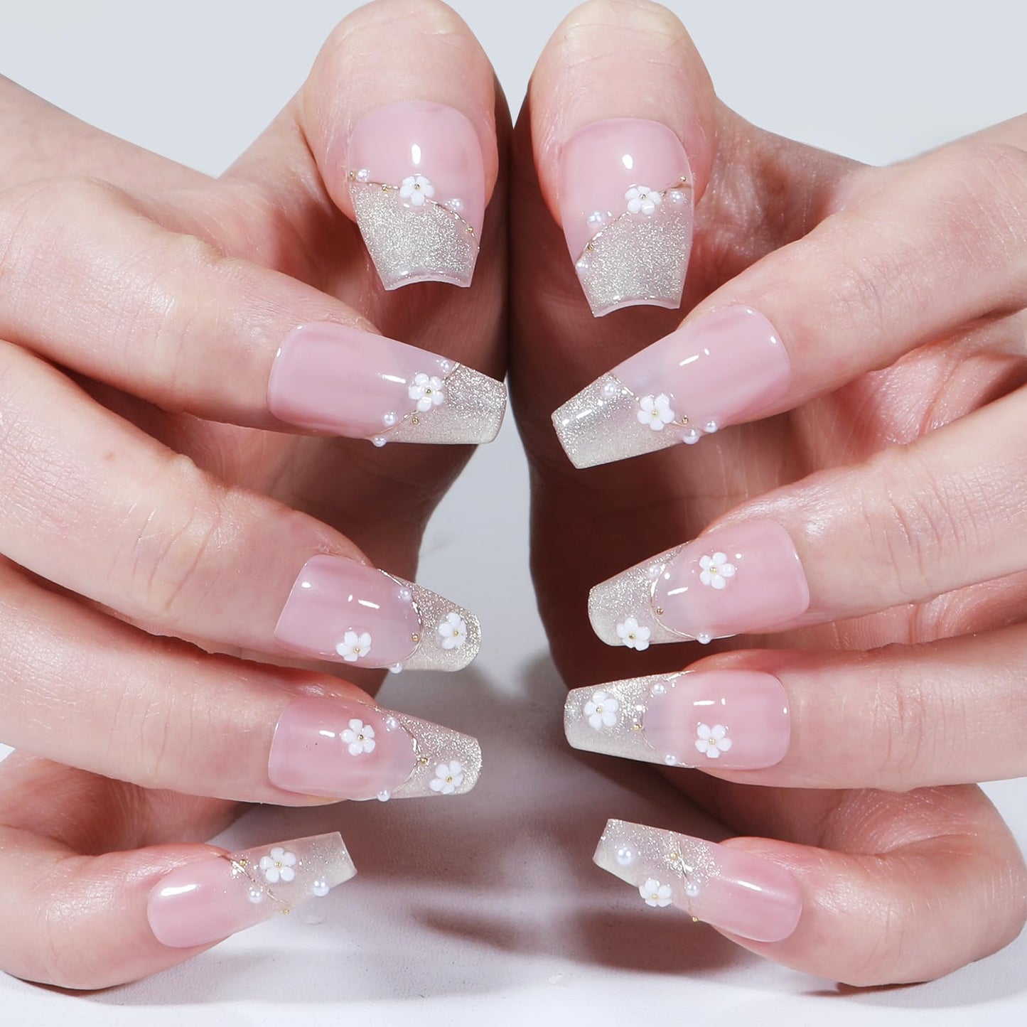 Yacey Handmade Press on Nails Medium Coffin, Reusable False Nails Press Ons, Pink Floral French Tip Thick Acrylic Fake Nails, 3D Artificial Bling Glossy Glue on Nails for Women Girls (10 Pcs, M)