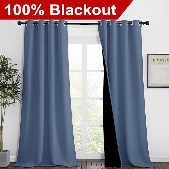 NICETOWN Insulated 100% Blackout Curtains, Noise Reducing Performance Drapes with Black Lining, Full Light Blocking Draperies for Overnight Shift Worker (Stone Blue, 1 Pair, 46 inches x 90 inches)