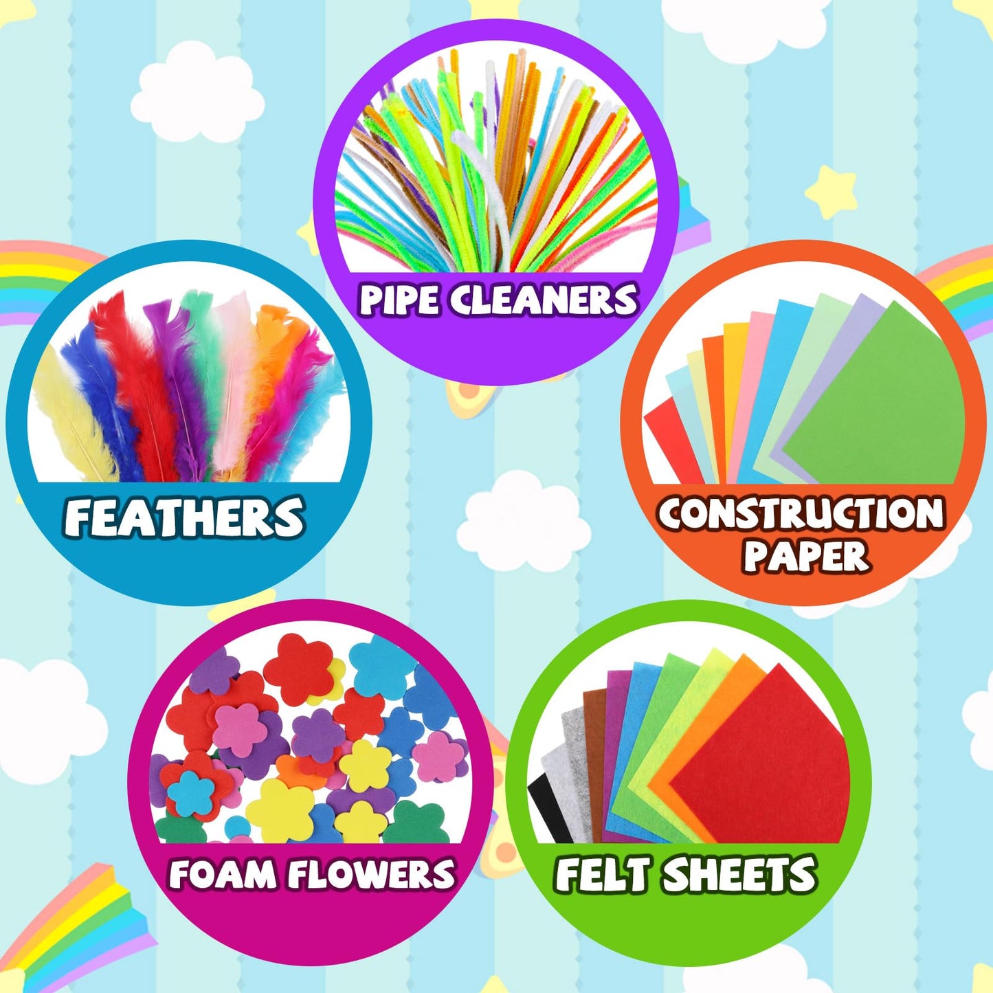 DOITEM Pipe Cleaners Craft Supplies, 1500+Pcs Arts and Crafts Supplies Including Pipe Cleaner Wiggle Googly Eyes Pom Poms Feathers Sticks Sequins Foam Flowers Papers Felt Stickers