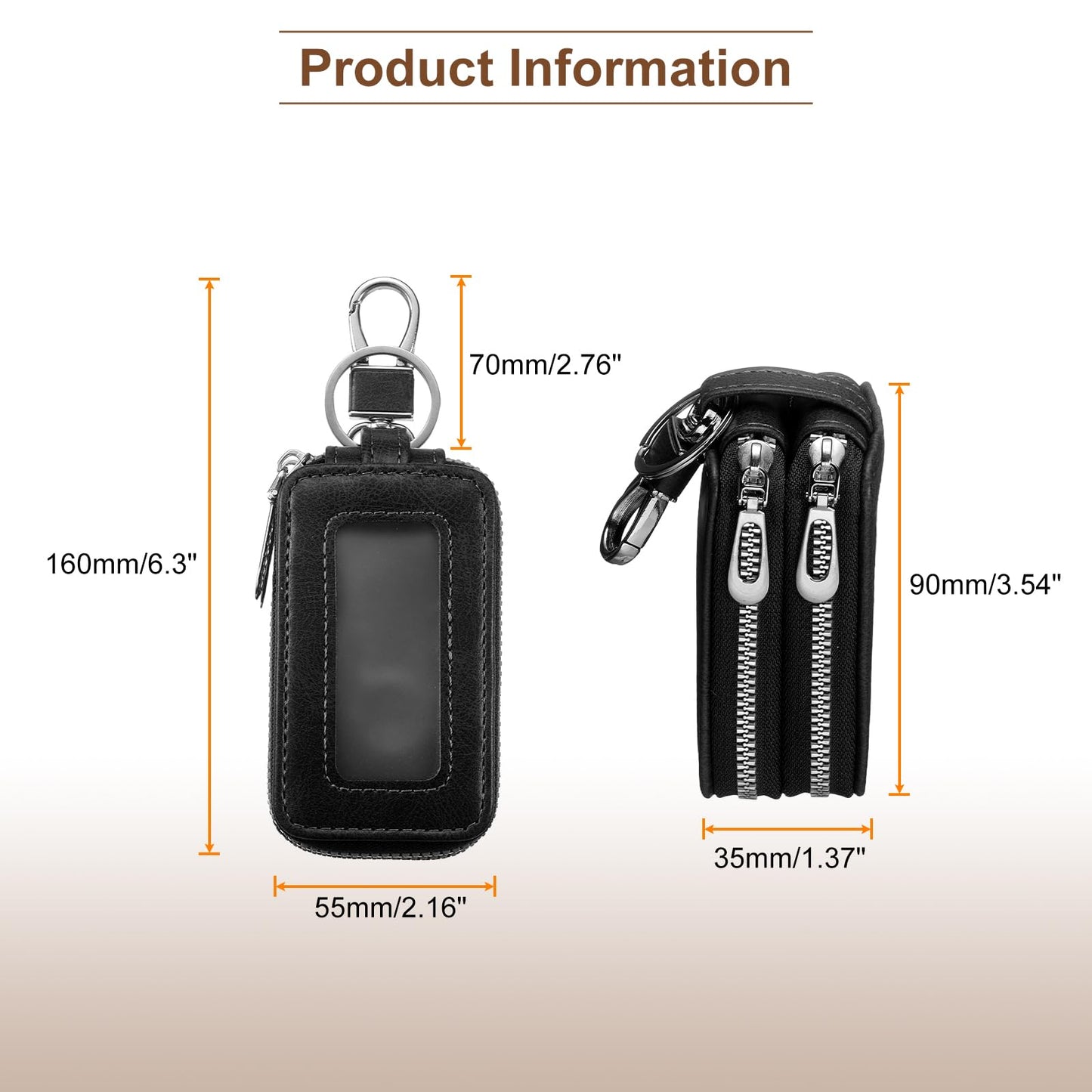 HARFINGTON 2Pcs Double Car Key Fob Case Leather RFID Smart Key Chain Keychain Holder with Metal Hook Keyring Zipper Bag for Remote Key Fob, Black