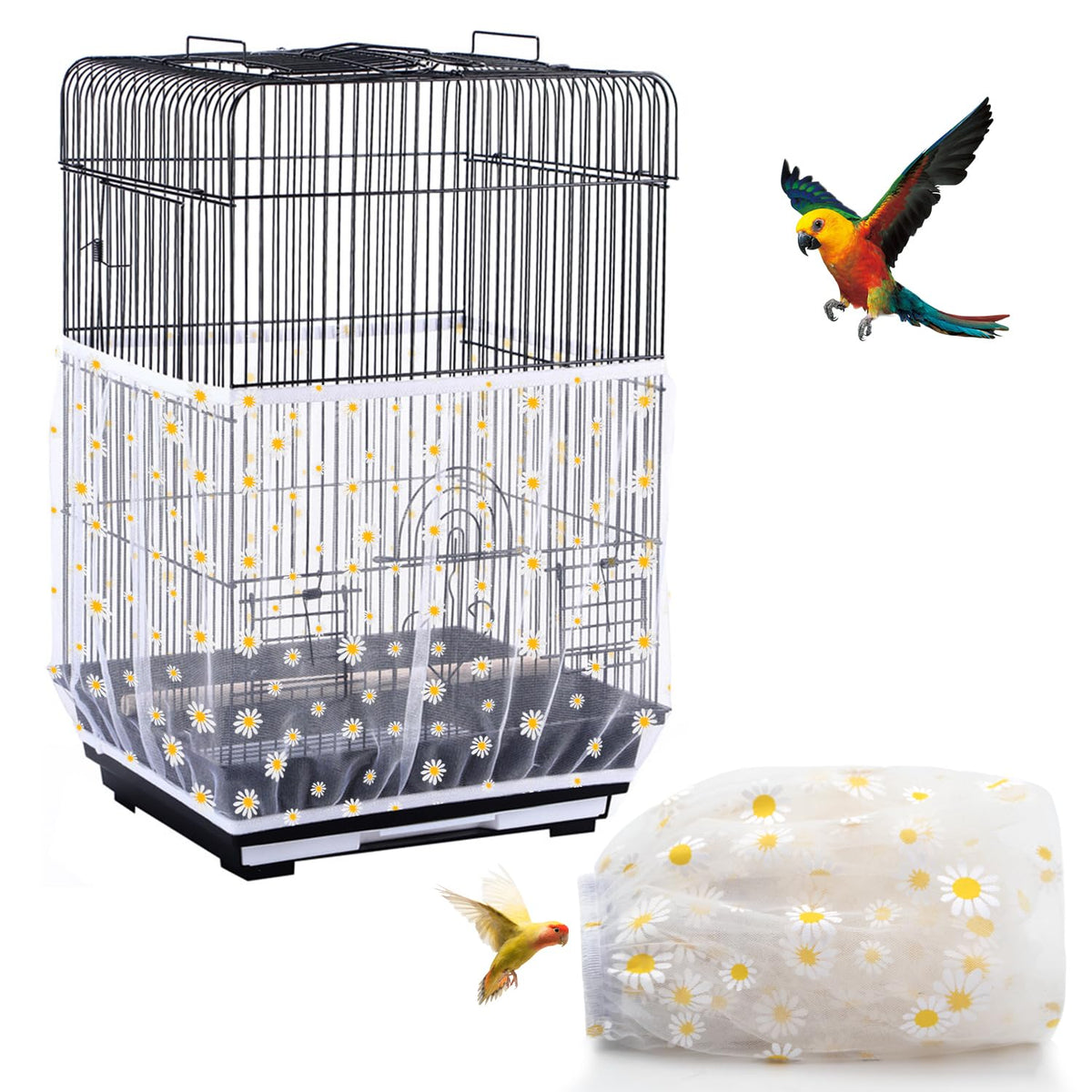 DECKALY Bird Cage Seed Catcher, Seed Catcher Guard Net Cover, Parrot Nylon Mesh Net Cover, Universal Soft Airy Cage Net Stretchy Skirt for Round Square Cages (Daisy-White, 15.7" x87")