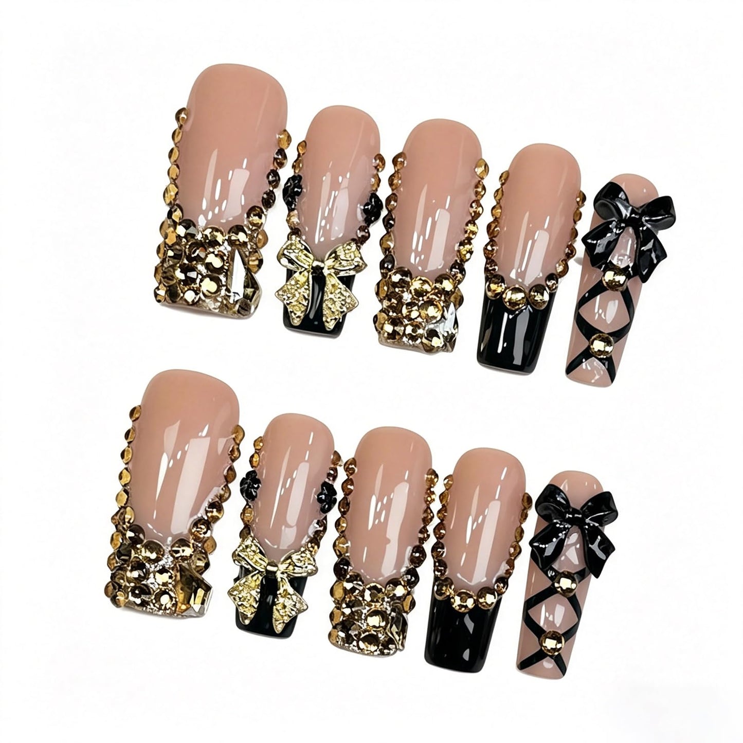 Handmade Press on Nails Long Square - Gothic Coquette Black Bows & Gold Rhinestone Fake Nails, Luxury Balletcore Lace-up False Nails, 10 Pcs for Women (Size M)