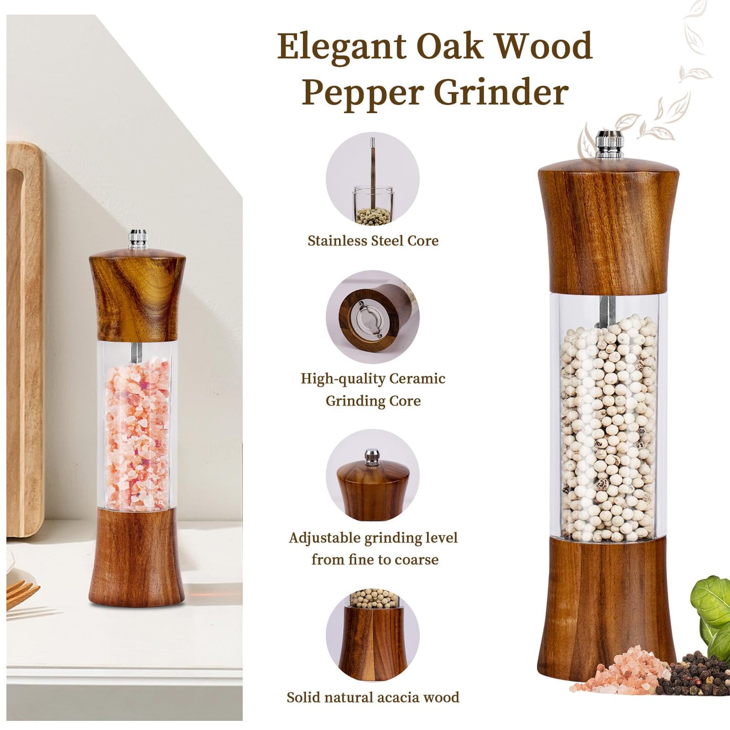 XWXO Acacia Wood Premium Acrylic Salt and Pepper Grinder Set 8 Inches Salt and Pepper Mill Set, Manual Mills- Wooden Shakers with Adjustable Ceramic Core 2 Pack for Kitchen Home Gift