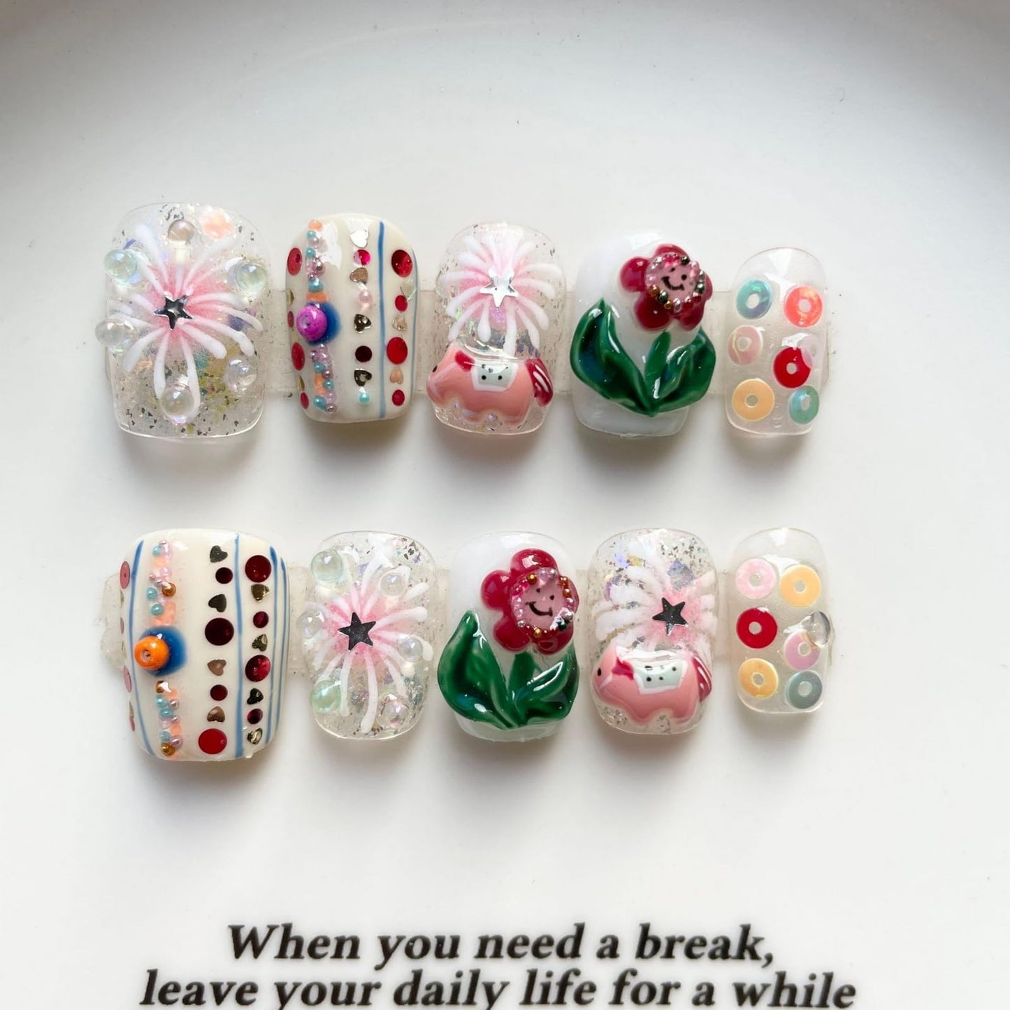 Luxury Press on Nails Short Square Handmade 3D Unique Reusable ABS Material Fake Nails White False Nails with Flower Polka Dots Glitter Designs Glossy Glue on Nail Thick Acrylic Nail(M)