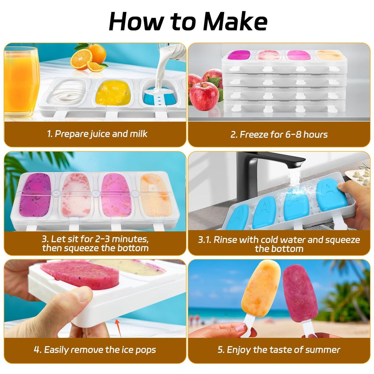 Alinana Stackable Popsicles Molds, 2-Pack BPA-Free Popsicle Molds with Sticks, Ice Pop Mold for Homemade Fruit, Yogurt, and Smoothie Popsicles