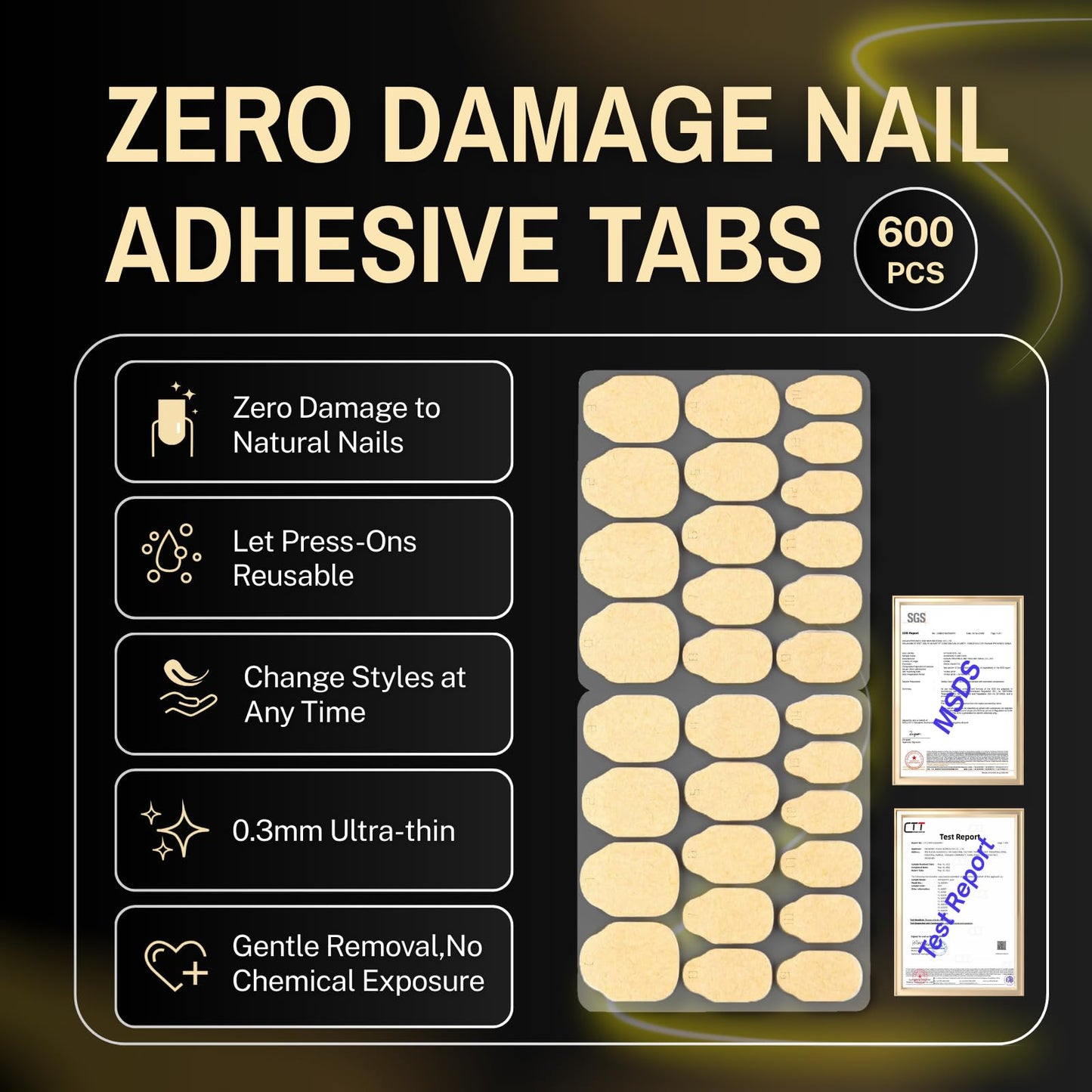SnypeeLab 600pcs Zero Damage Press on Nail Adhesive Tabs, 15 Sizes of No Harm Nail Sticky Tabs for Press on, 0.3mm Ultra-Thin Waterproof for Shower, Non Toxic Nail Glue, 20 Sheets(Clear 1)