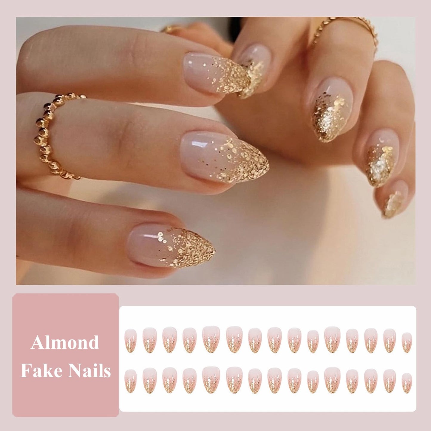 MISUD Press on Nails - Short Almond Fake Nails with Nude Pink, Acrylic Bling Gold Glitter Design 30 pcs