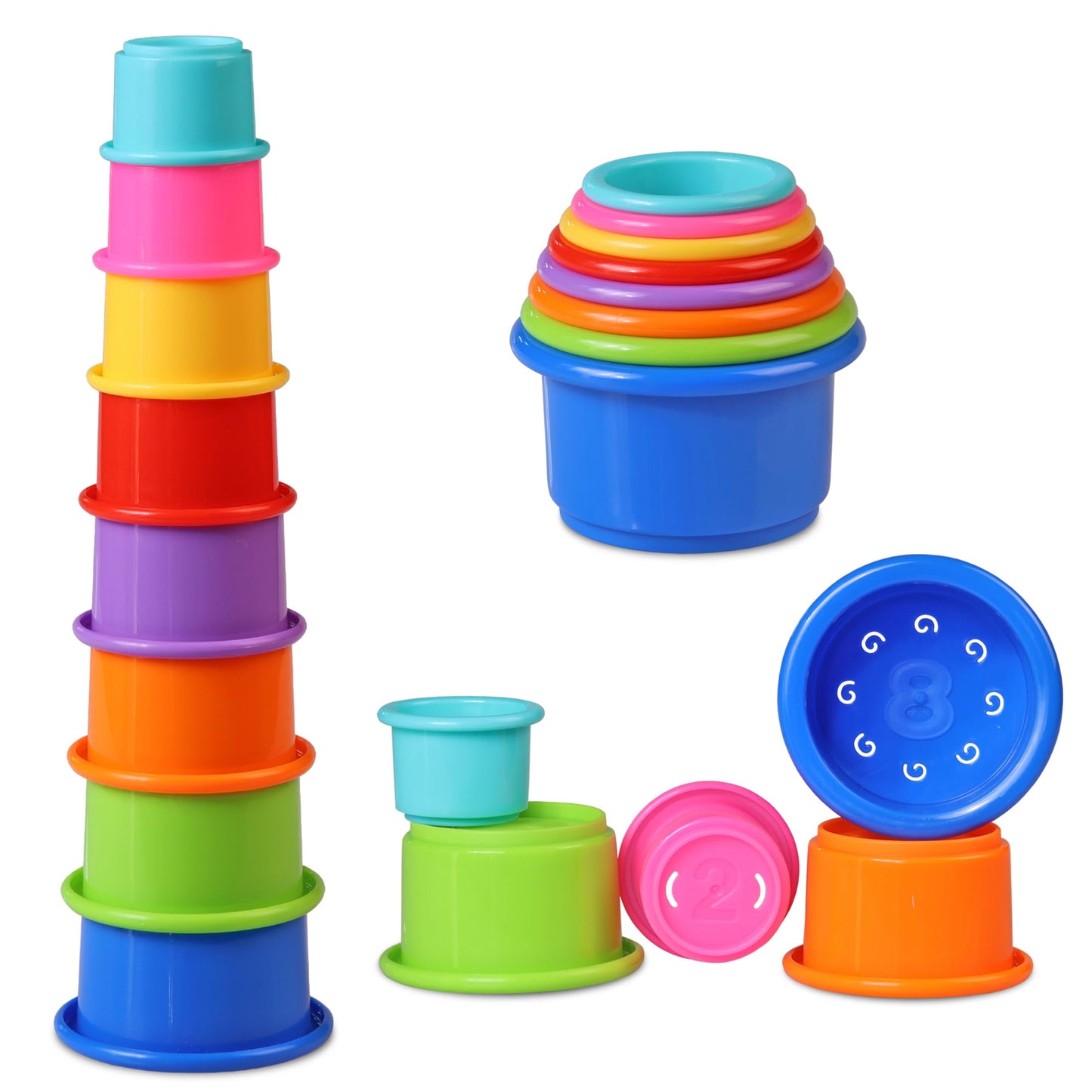 Stacking Cups Baby Toy Educational Cup Stacking Set 8-Pc Rainbow Stackable Cups | Nesting Cups for Babies 6-12 Months | Stacking Cups for Toddlers 1-3 Perfect for Indoor/Outdoor, Rainbow (8Pcs)