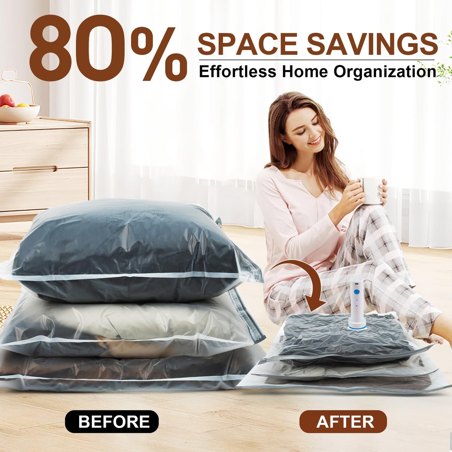 DUORAN 12 Pack Vacuum Storage Bags,Space Saver Bags for Clothing,Comforters,and Bedding,Includes 2 Jumbo, 2 Large, 2 Medium, 2 Small/4 Roll Bags,Compression for Closet & Travel, With Electric Pump