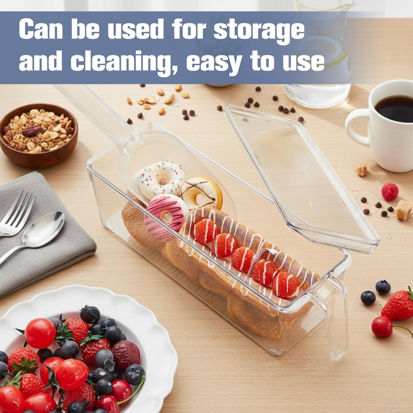 Havawish Ice Storage Bin for Freezer with Lid and Flexible Scoop Set Plastic Ice Container with Lid Handle for Home Office Fridge Storage (12.4 x 3.94 x 3.94 Inches,Clear,2 Pcs)