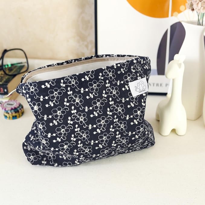 HAPPYHEIDI Soft Embroidered Floral Makeup Bag Cosmetic Travel Pouch, Canvas Lined, Make Up Purse Organizer,Cute Black