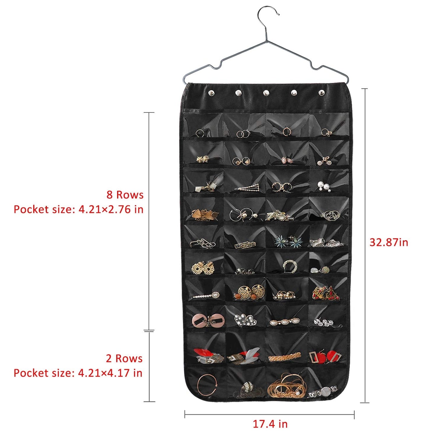 Forypretty Hanging Jewelry Organizer, Double-Sided 80 Pockets (40 Front + 40 Back), Closet & Hook Jewelry Storage, for Earrings, Necklaces, Bracelets, Rings & Pendants, Black