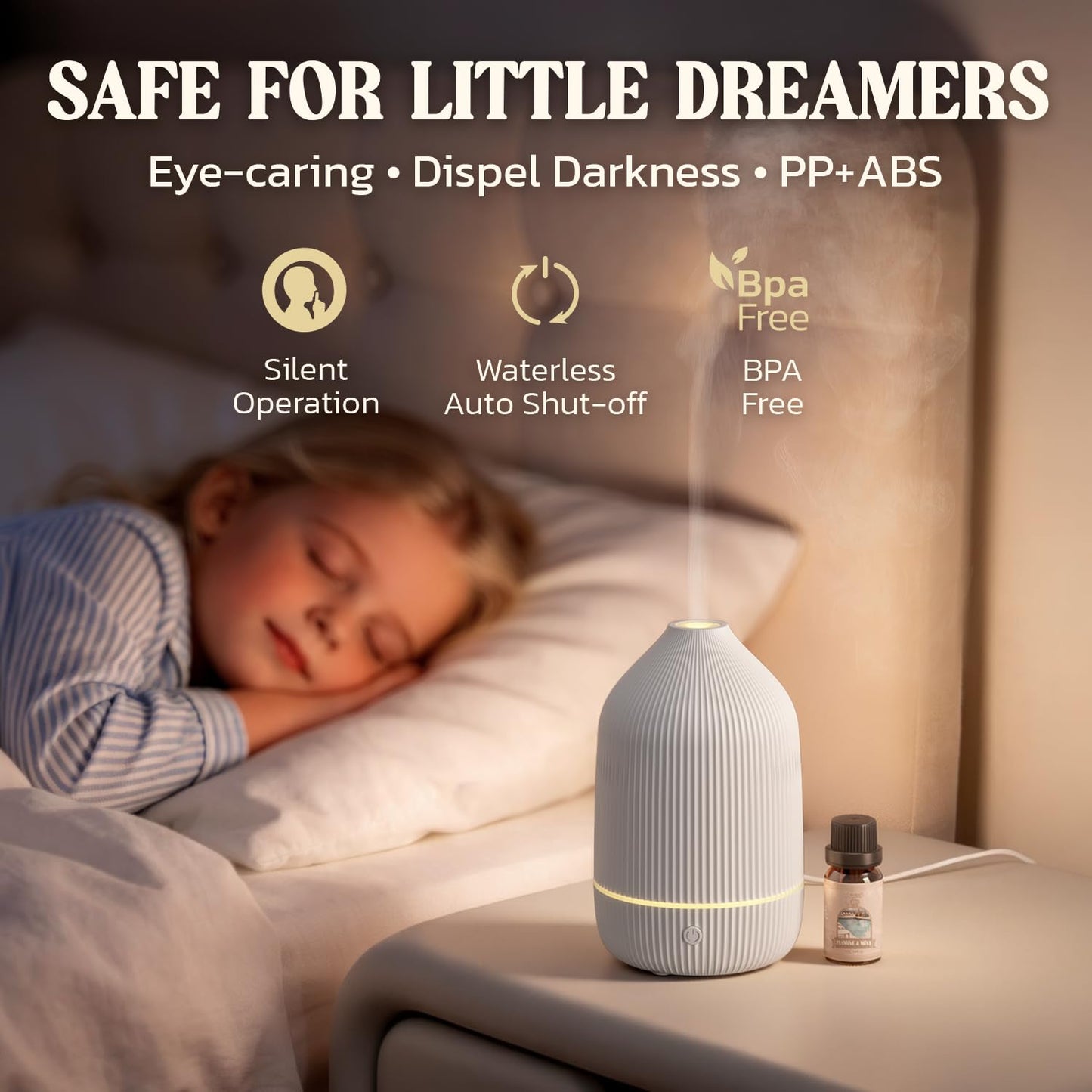 Essential Oil Diffuser, 100ml Aromatherapy Diffuser, Mini Ultrasonic Diffuser for Essential Oil, Home, Office, Cool Mist Humidifier with 7 Led Light, Auto Shut-Off, White