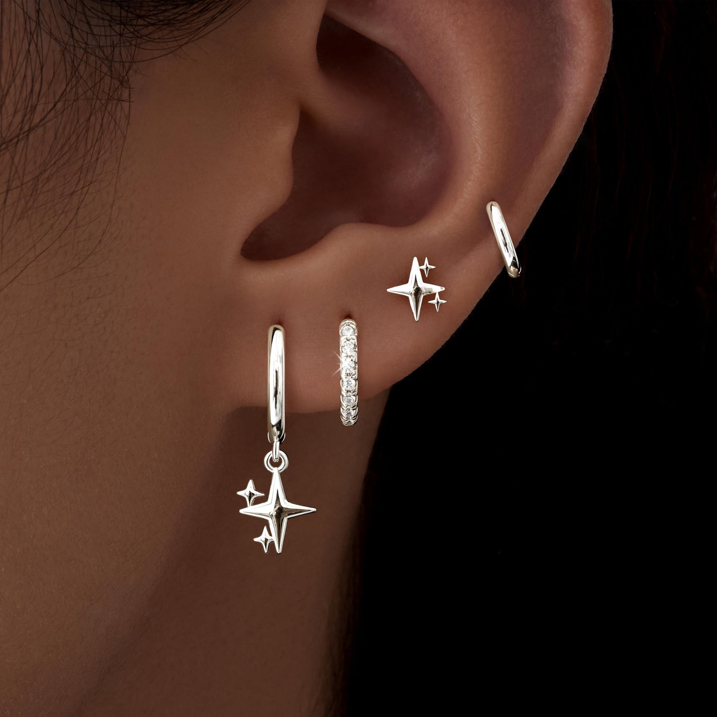 Silver Star Earrings for Women,Huggie Small Stack Cartilage Hoop Star Stud Earring Sets for Multiple Double Piercing, Conch Helix Rook Tragus Daith Piercing Silver Clip On Jewelry Set Gifts