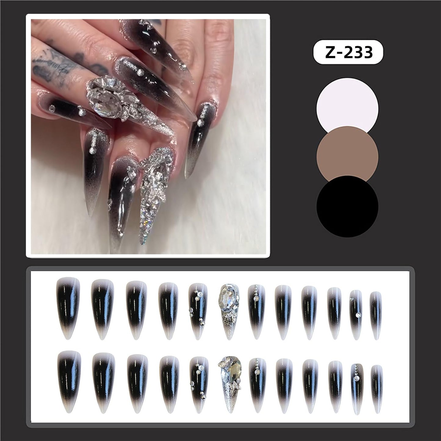 CJDLTS Almond Tip Press on Nails Long Length Glitter Diamond Design Black Gradient Acrylic False Nail Full Cover Artificial Stick on Nail 24Pcs Reusable Press Ons Glue on Nails for Women