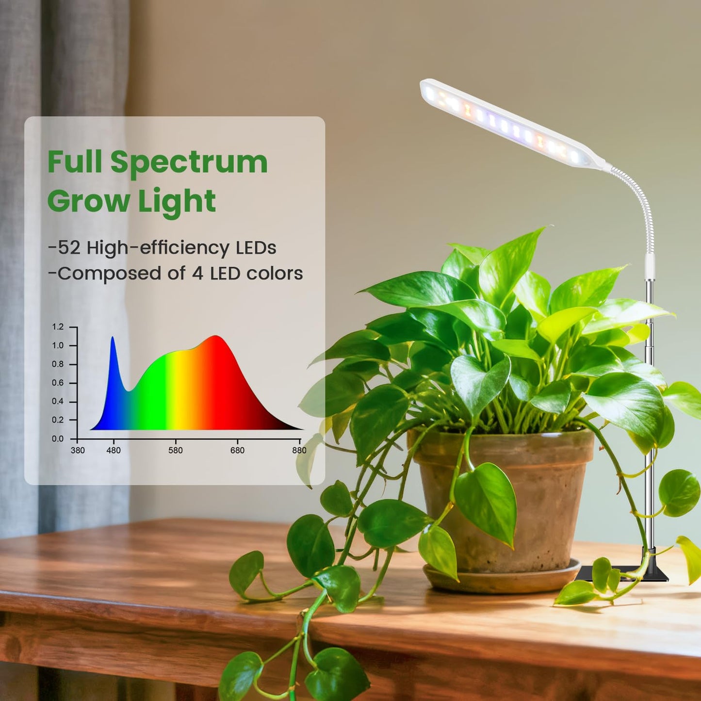 Wolezek Grow Lights for Indoor Plants, 52 LEDs Full Spectrum Plant Grow Light with Base, Height Adjustable Grow Lamp with Auto Timer 6/12/16H, 5 Dimmable Brightness, for Small Plants, White, 1-Pack