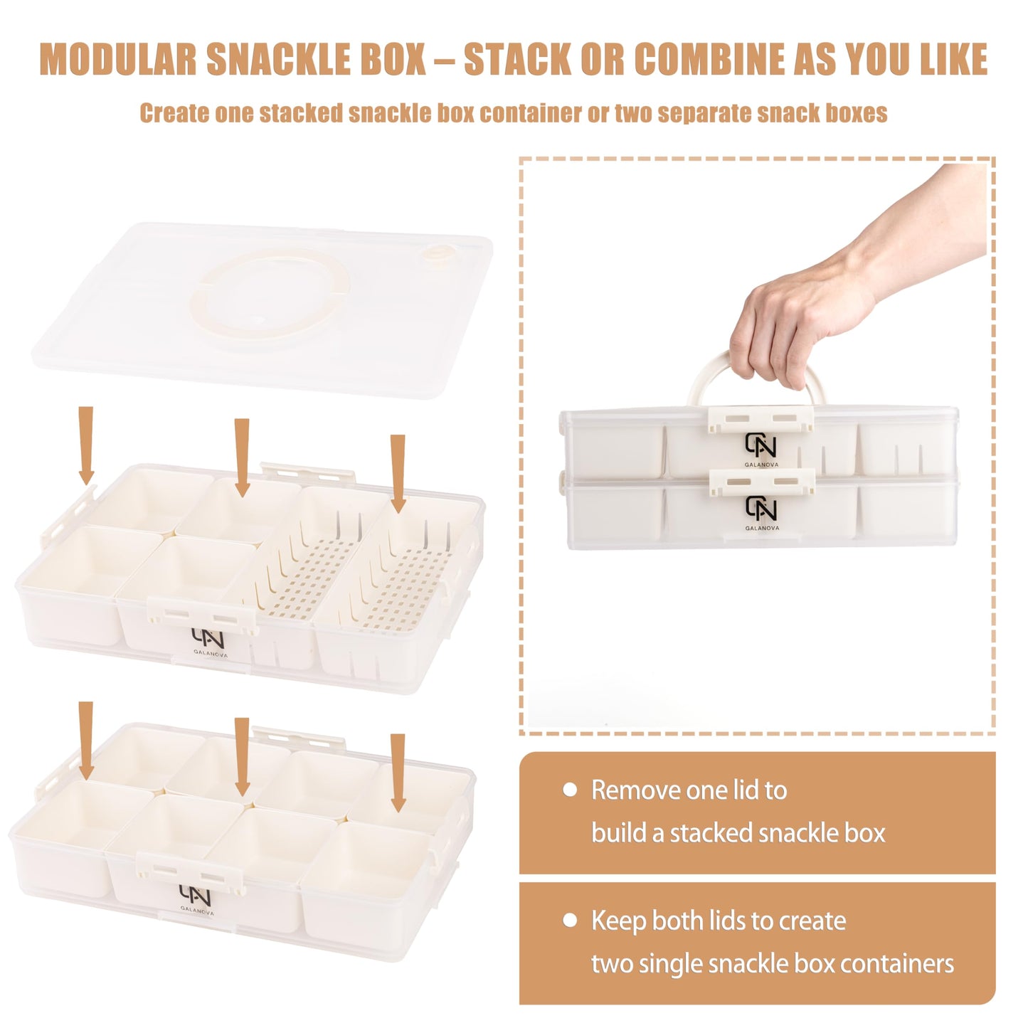 Stackable Snackle Box Container with 2 Lids, 14 Compartments - BPA-Free Snackle box Organizer, Dishwasher & Microwave Safe Reusable Snacklebox for Veggies, Fruits, Charcuterie, Snacks (White, 2 Pack)