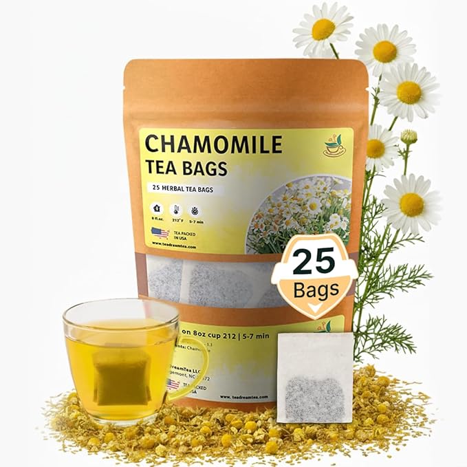 Chamomile Tea Bags - 25 Bags (Premium Natural Pure Leaf Tea - 25 Count) Gluten-Free and Caffeine-Free Herbal tea for Relaxation, Wallness, Immune Support with Smooth Taste