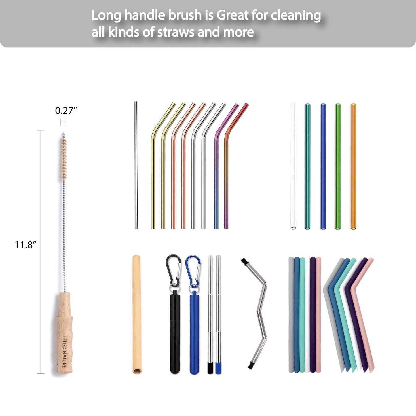 4 Pcs Bamboo Bottle Brush Set by HELLO NATURE – Long Handle Cleaning Brushes for Water Bottles, Baby Bottles & Glassware, Sustainable & Plastic-Free