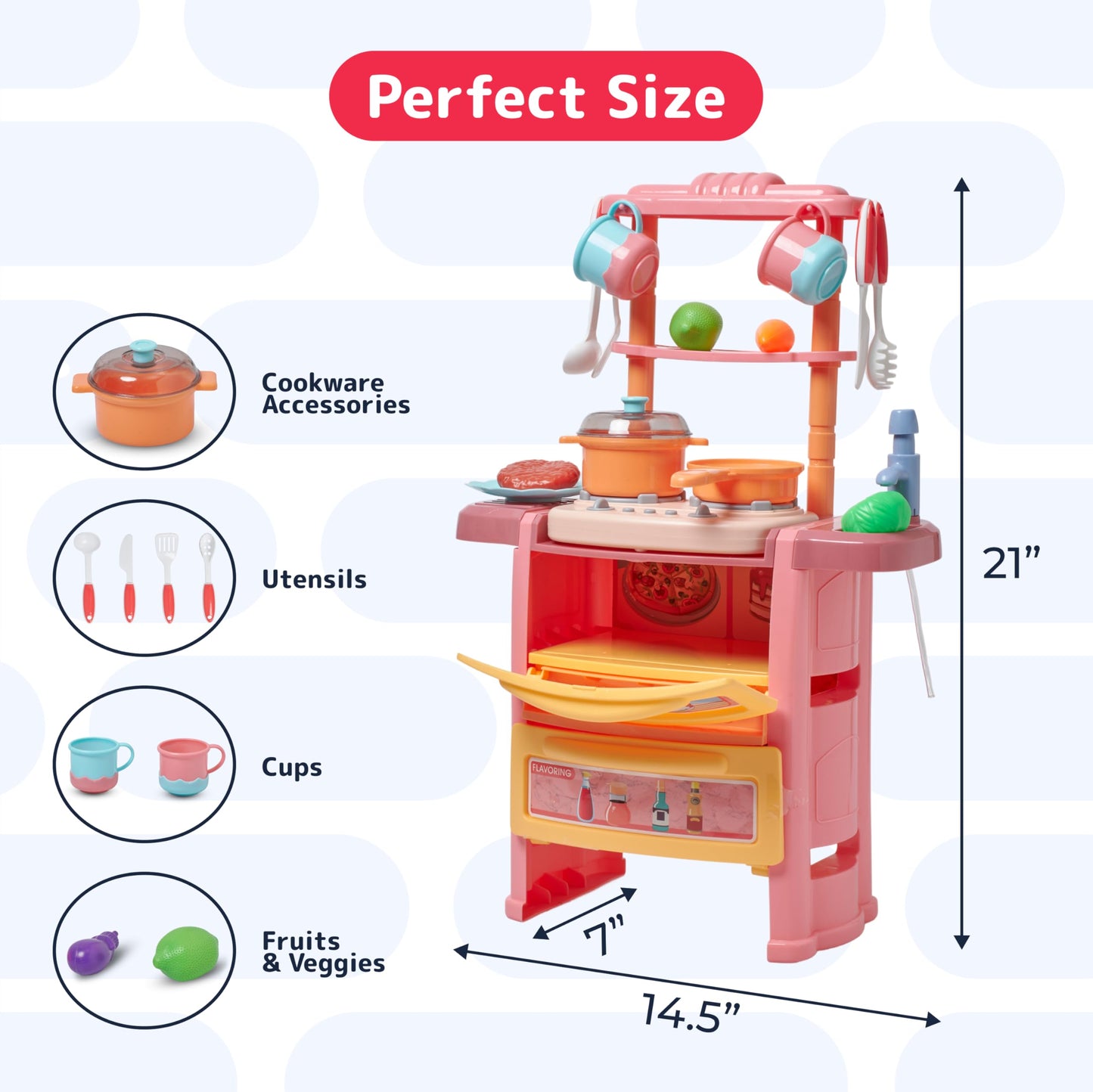 Prextex Plastic Pretend Girls Play Kitchen Set - Multi-Color Kitchen Playset with Dishwasher and Oven - Stove with Lights and Sounds - Working Faucet with Water Circulation