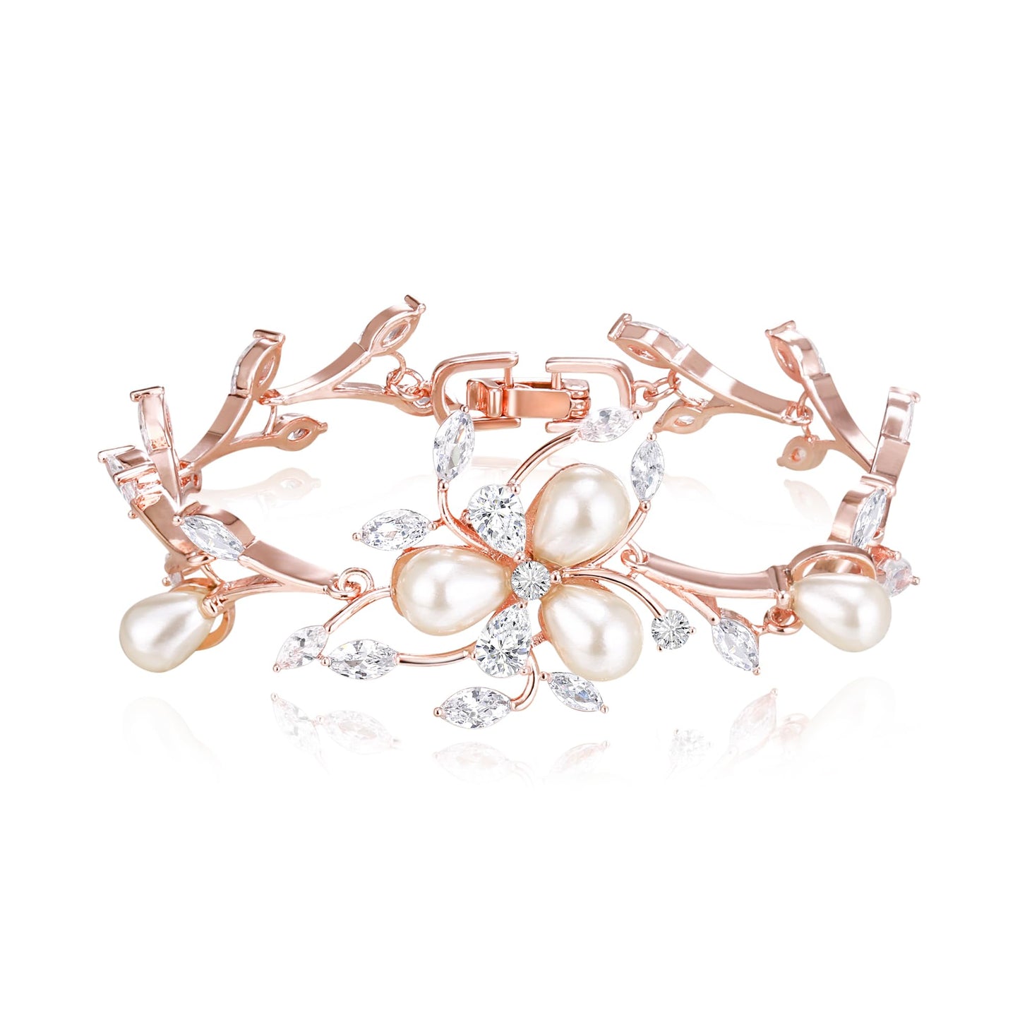 EVER FAITH Women's CZ Simulated Pearl Wedding Flower Leaf Filigree Tennis Bracelet Clear Rose Gold-Plated-Brass