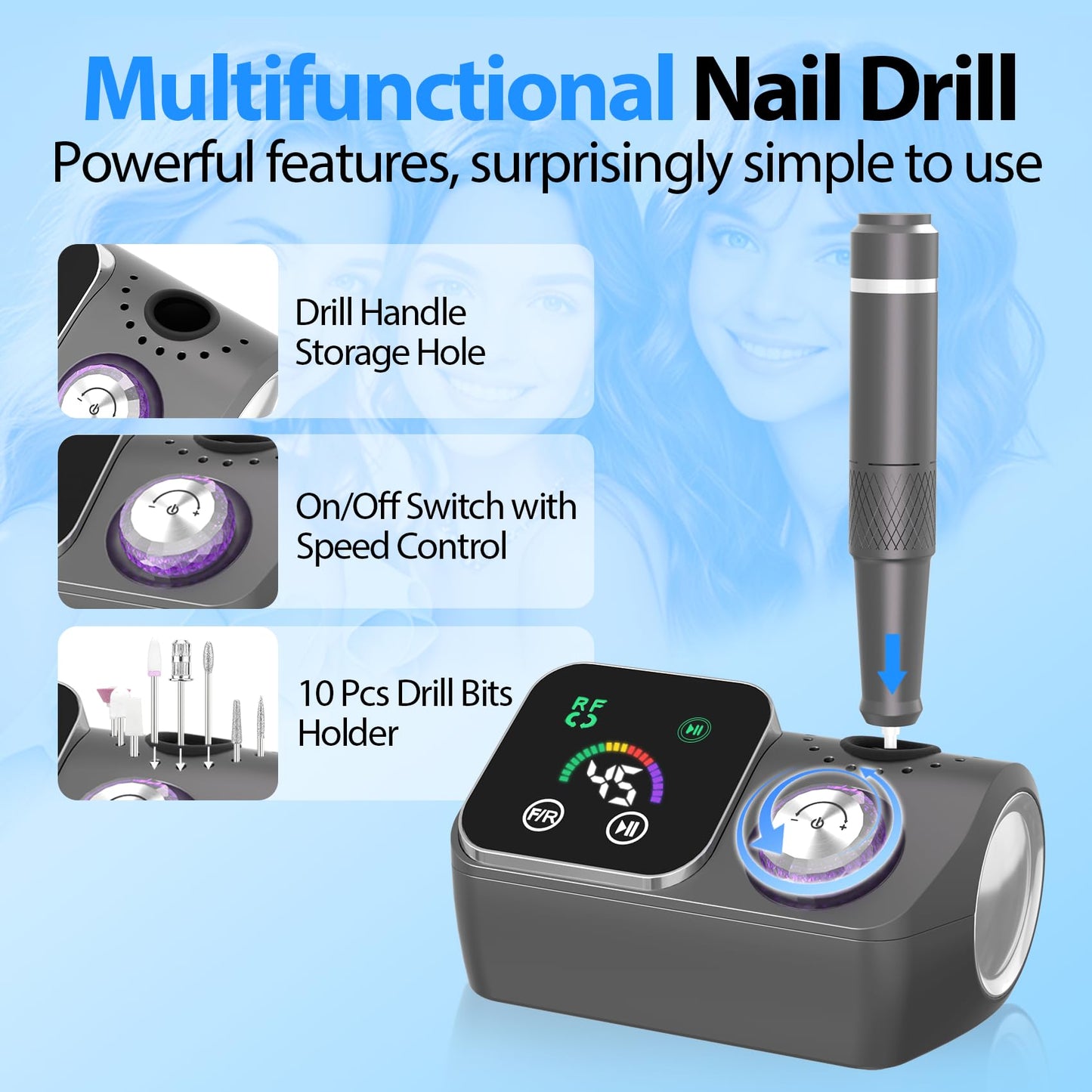 PYVOLA Professional Electric Nail Drill E-File Machine - 45,000 RPM Corded Nail Drills Kit with Low Noise & LED Display for Shaping, Removing & Polishing Acrylic Gel Nails for Salon Home
