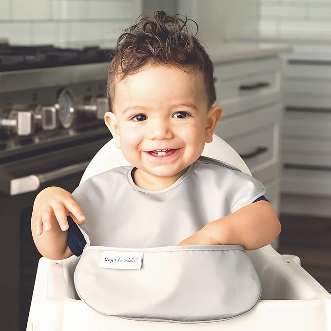 Tiny Twinkle Mess-Proof Baby Bibs for Eating | Waterproof, Wipeable Toddler Bibs with Catch-All Pocket | Feeding Bibs for Girls & Boys(3 Pack, Space)