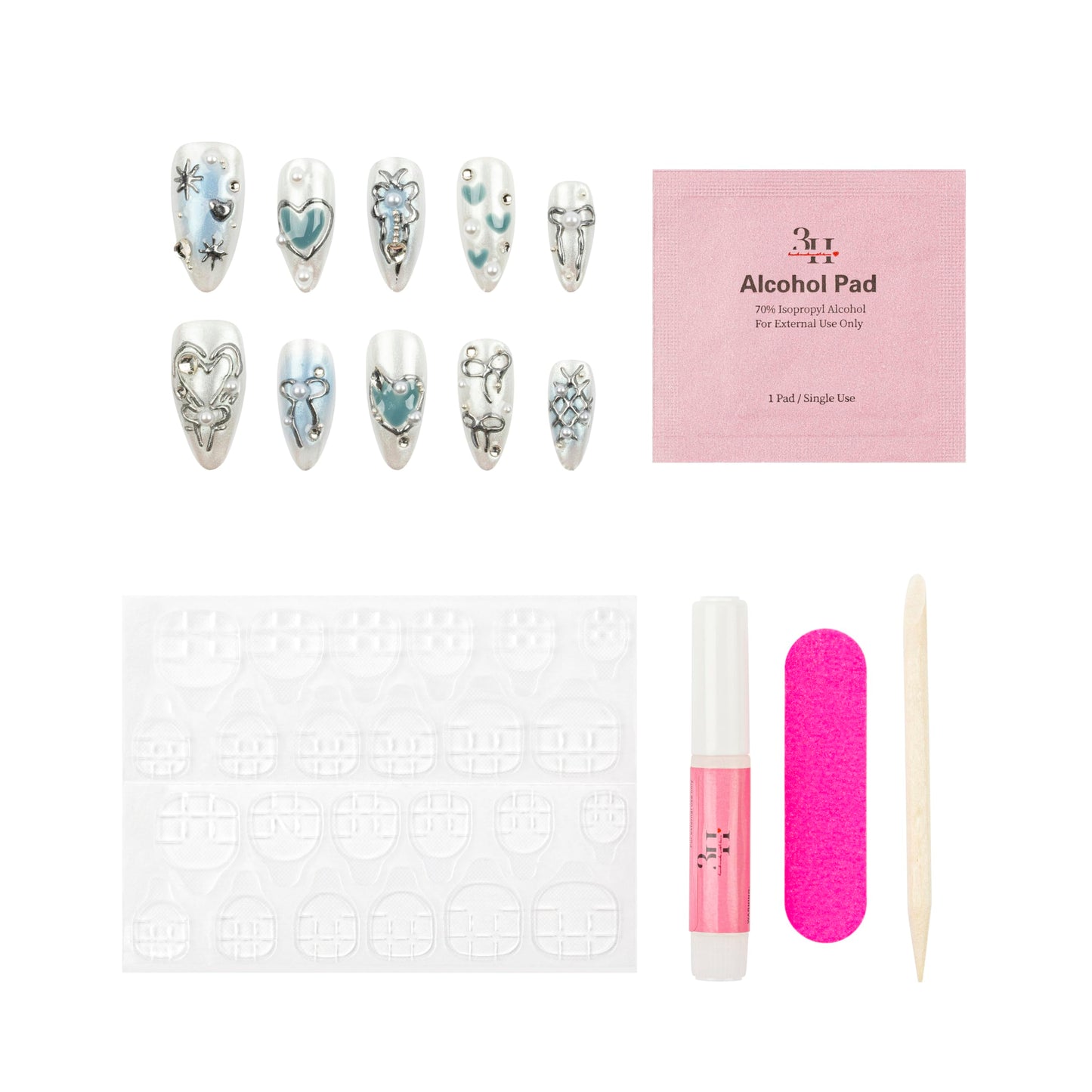 3H Luxury Handmade Press-On Nails Chrome Angel (White Silver, Medium), Reusable False Nails with Whimsical Accent, Gleaming Silver Chrome Finish
