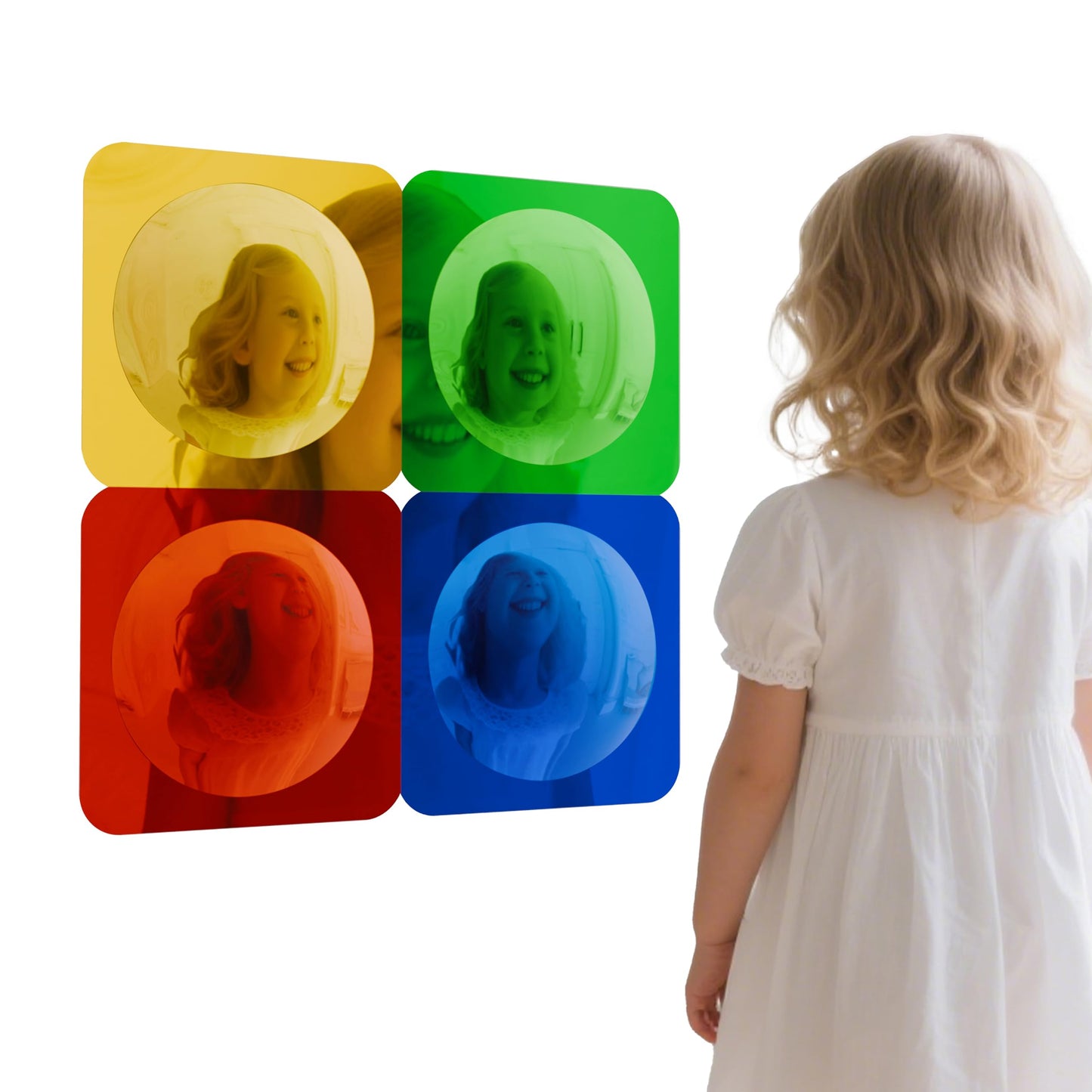 Whimtoyland 4 Pcs Sensory Wall Mirror Acrylic Bubble Mirror Wall Decoration for Kids Classroom Kindergarten Sensory Room Science Classroom Decompression Space (10 x 10 Inch,Red,Yellow,Green,Blue)