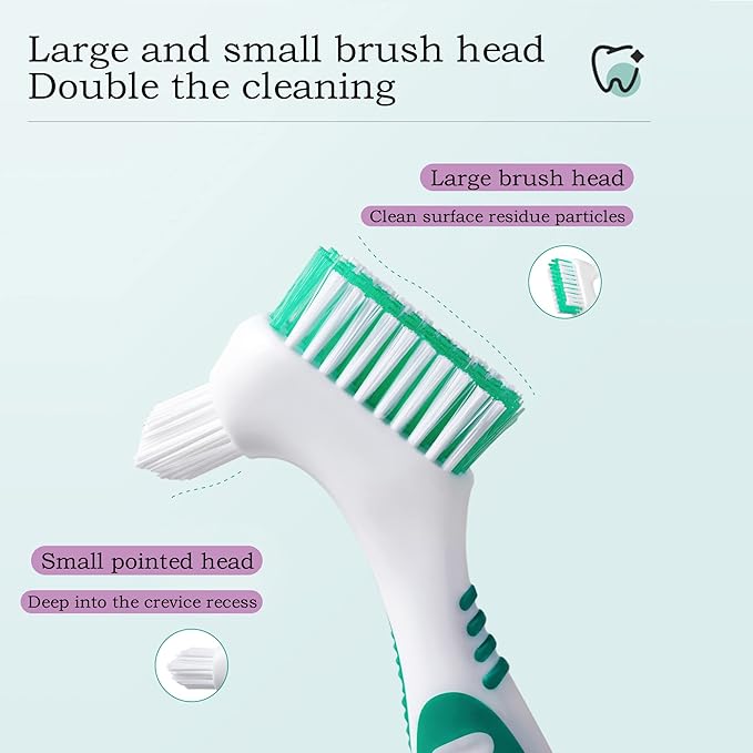 Denture Brush 4Pcs Denture Toothbrushes，Denture Cleaning Care Cleaning Brush ，Double Sided Toothbrush，Multi-Layered Bristles and Rubber Anti-Slip Handle (Purple, Green, Blue, Orange)