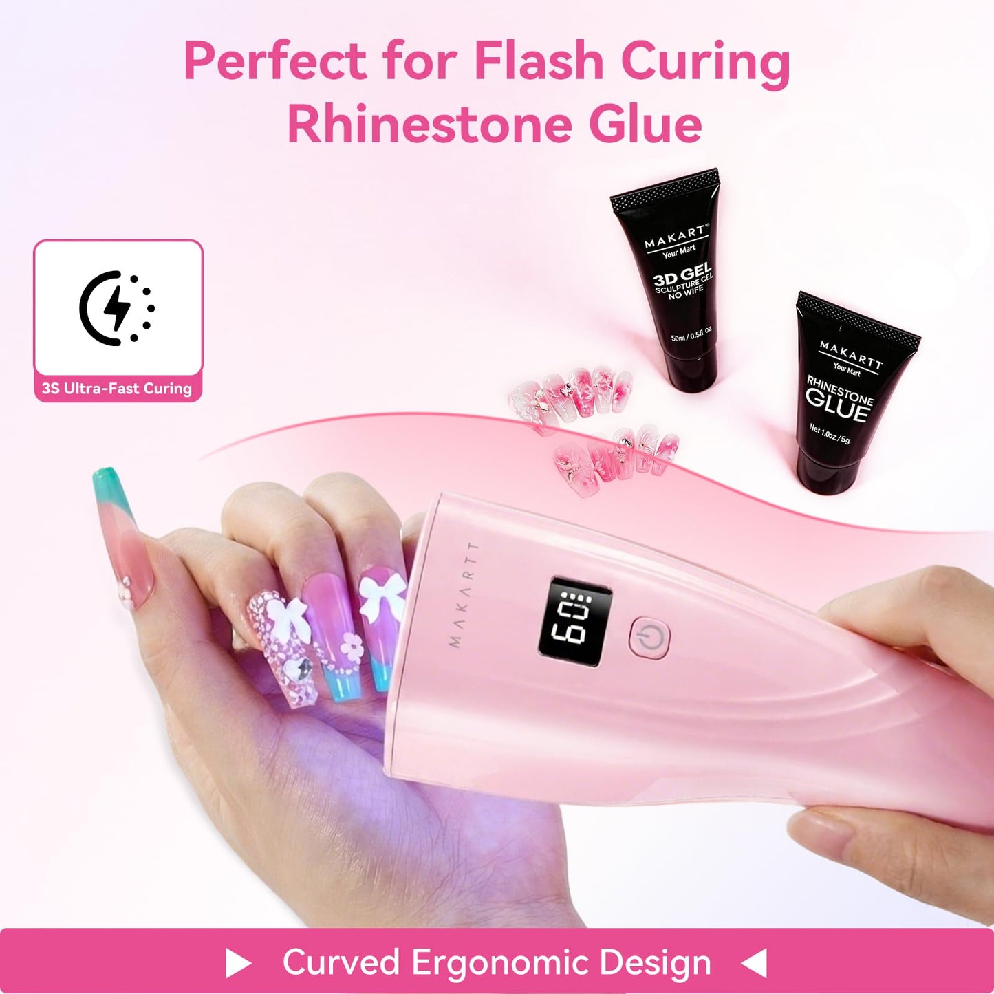 Makartt Flash Cure UV Nail Lamp, 3S Pre-Curing Portable Cordless UV LED Nail Light 222 mW/cm² for Rhinestone Glue & Poly Nail Gel, Rechargeable Nail Dryer with LCD Display, 2 Timers & Smart Sensor
