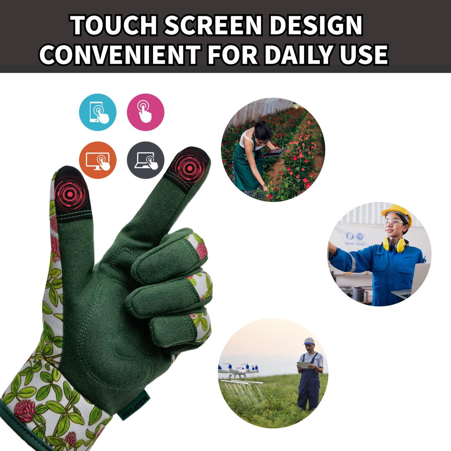 MSUPSAV Gardening Gloves with Touch Screen, Synthetic Leather Yard Work Gloves for Women, Garden Gift, Green, Medium